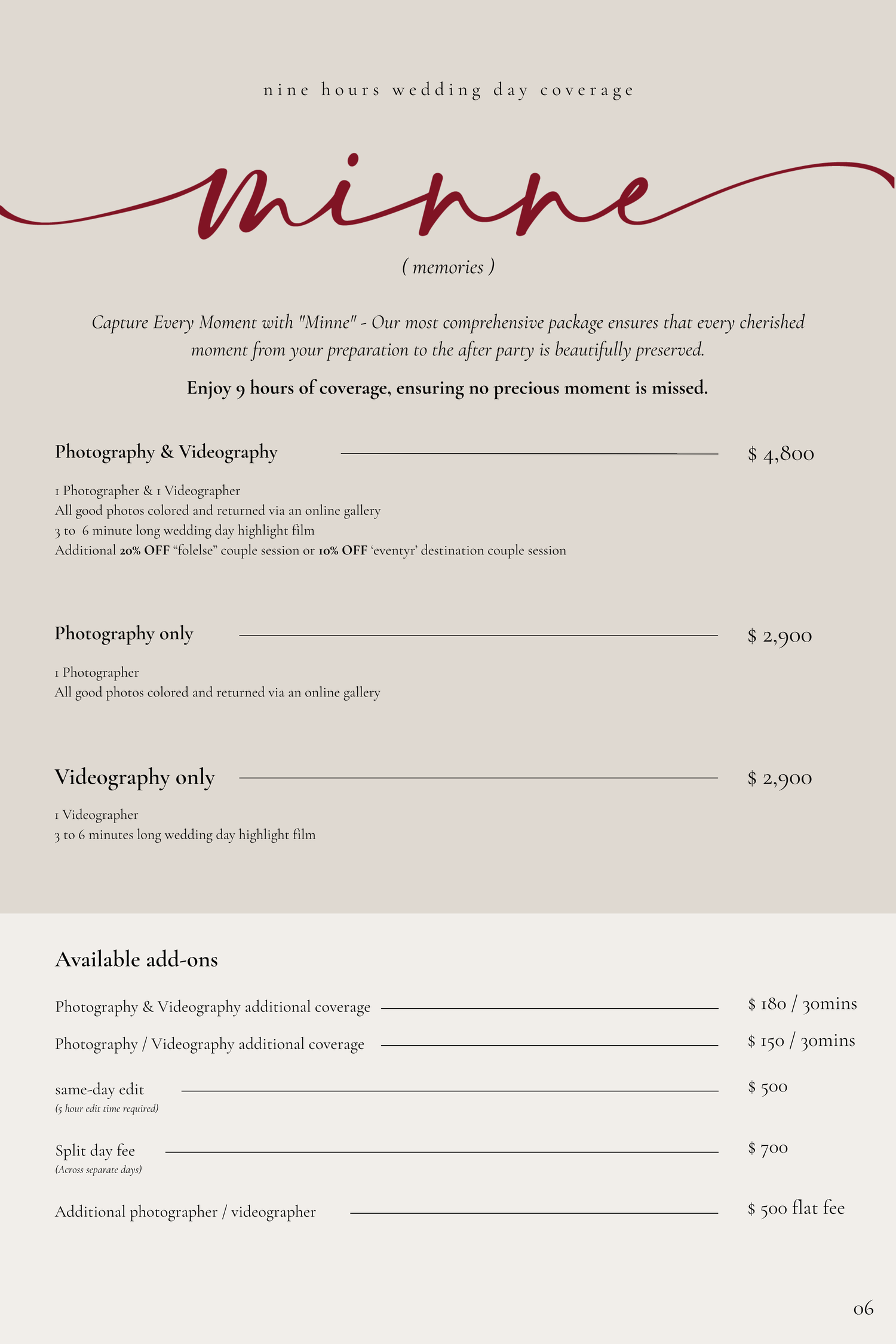 Elegant wedding photography package pricing menu featuring the Minne nine-hour coverage plan with videography add-ons.