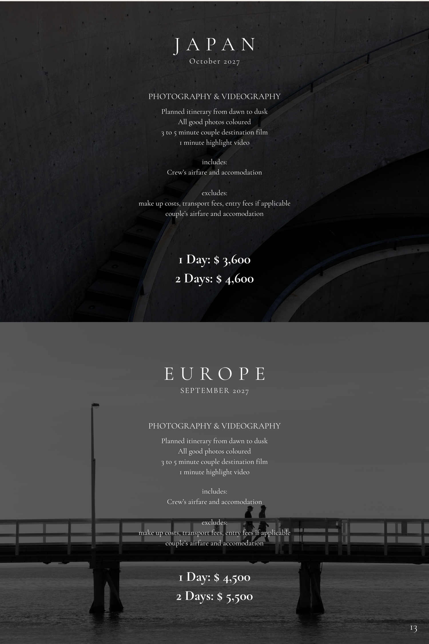 Black and white photography and videography pricing guide for Japan and Europe destination wedding packages.