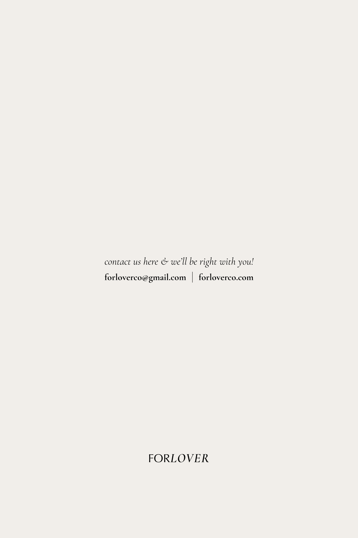 Minimalist cream-colored contact page for Forlover brand featuring email and website details in elegant typography.