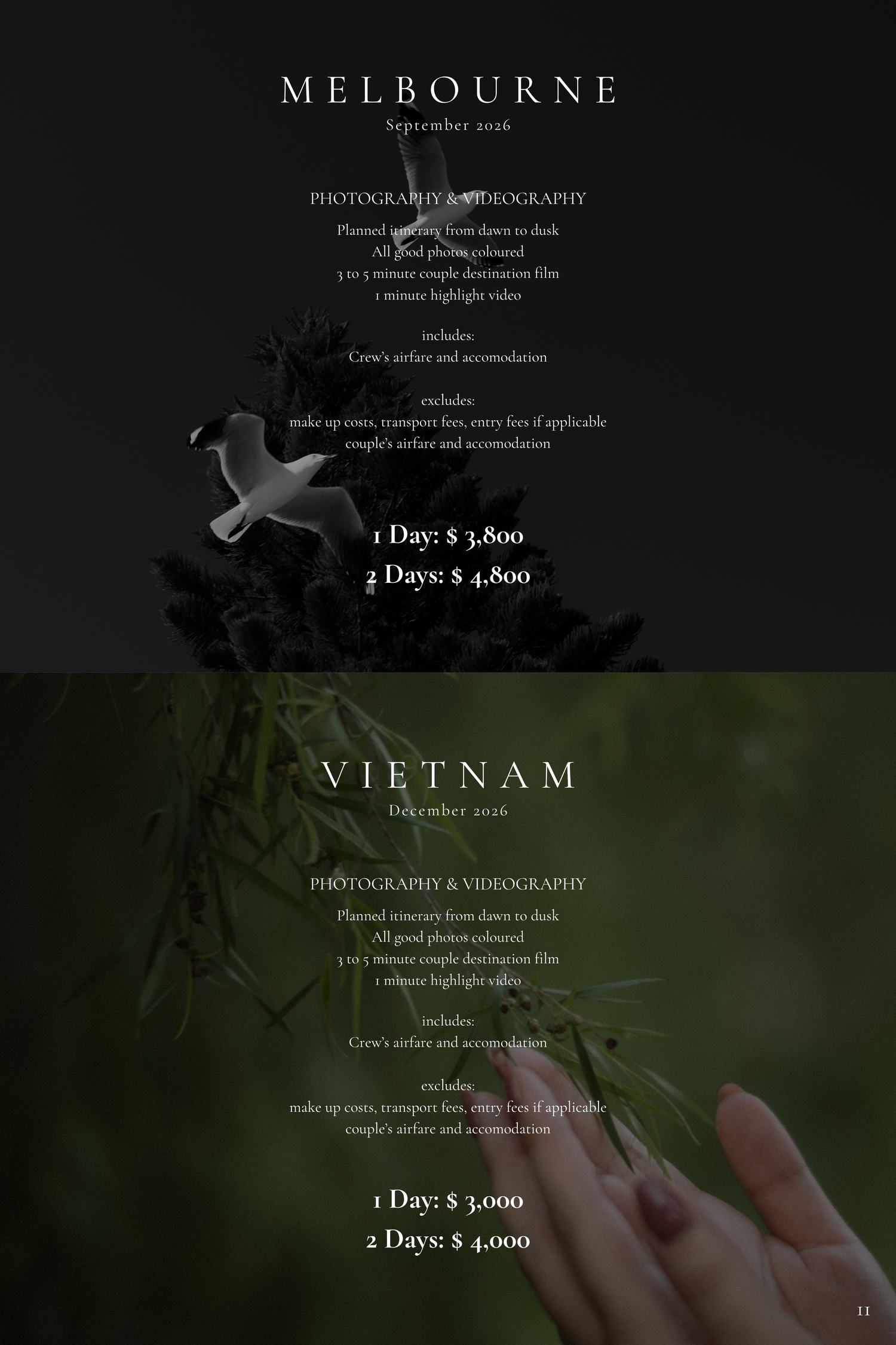 Melbourne and Vietnam photography videography packages pricing guide with nature-themed dark background design.
