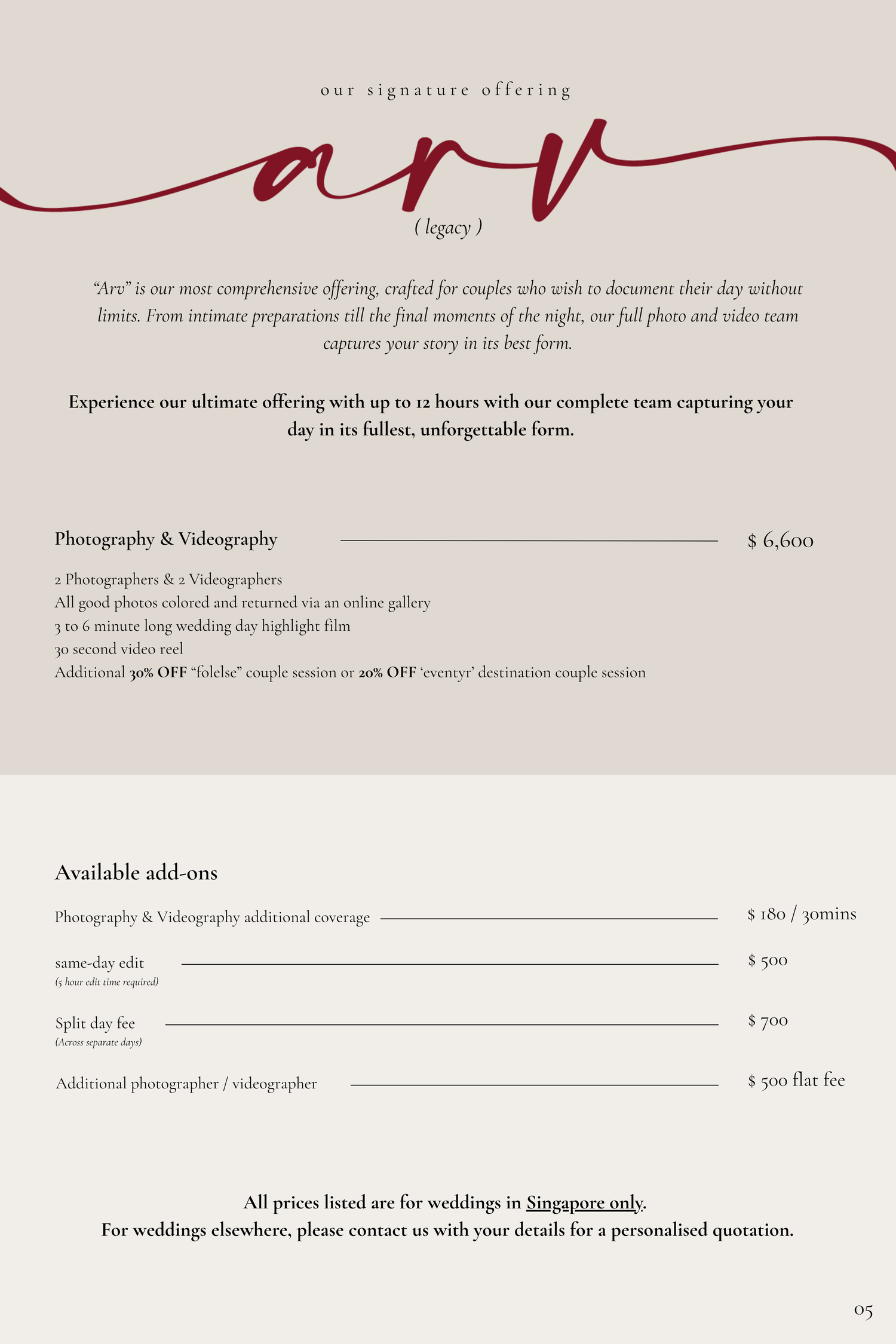 Elegant wedding photography package brochure for ARV Legacy offering 12-hour coverage with photo and videography services in Singapore.