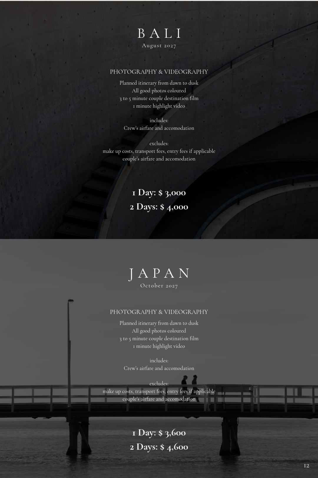 Photography and videography packages for Bali and Japan destination weddings with pricing starting at $3,000 for one day.