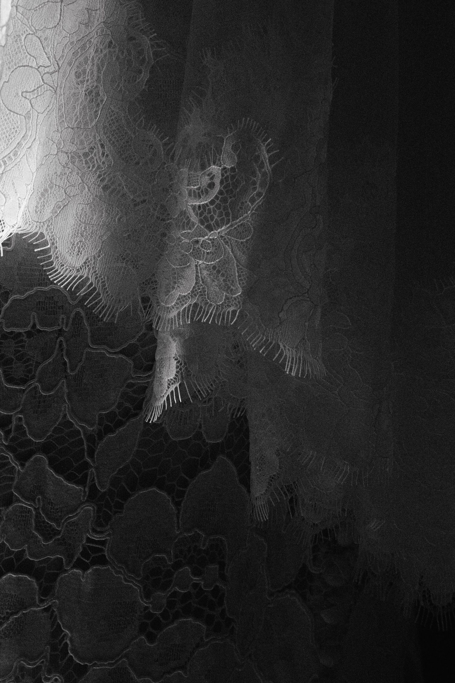 Black and white close-up of delicate floral lace fabric with intricate embroidered patterns and scalloped edges.