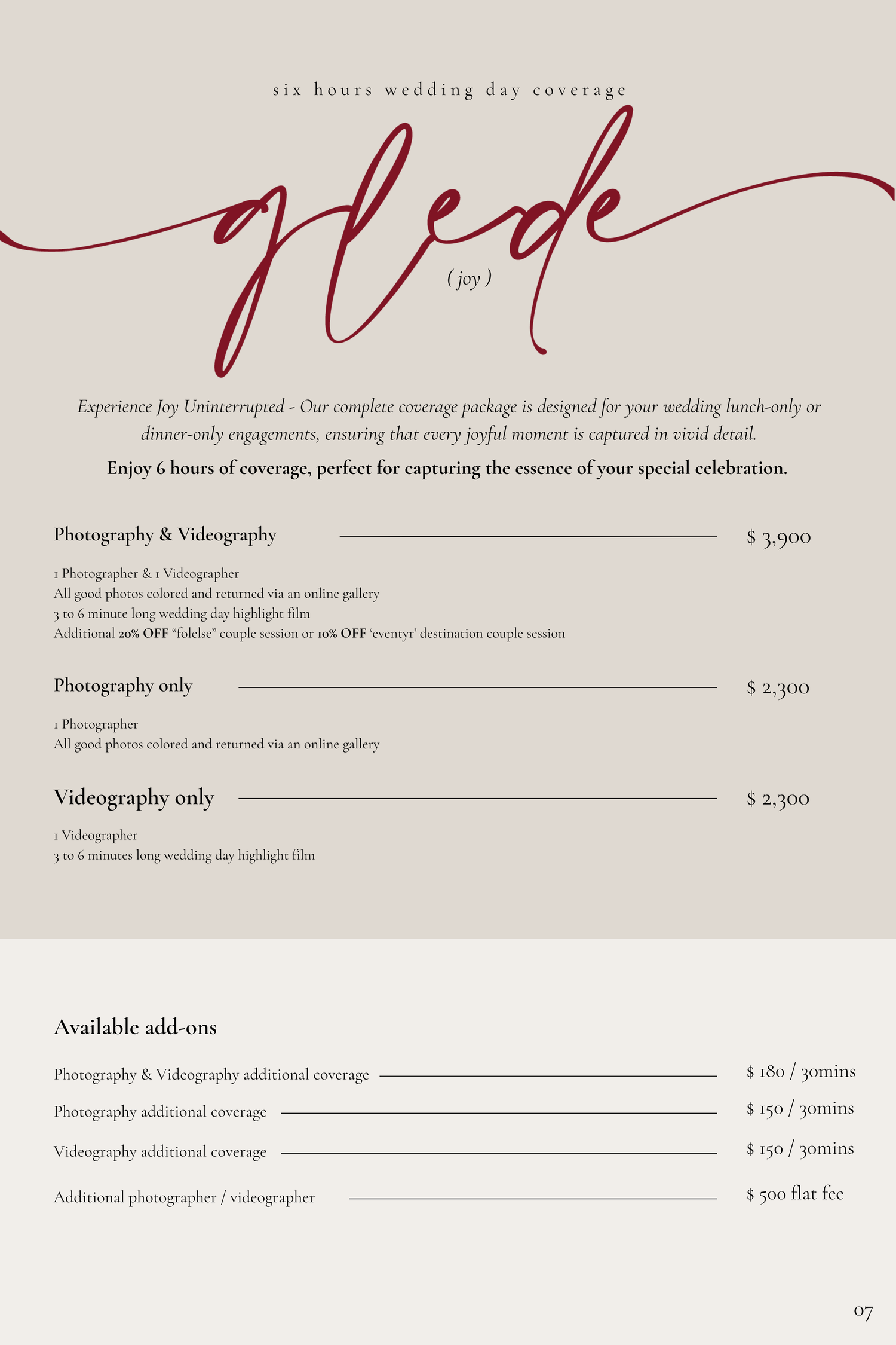 Elegant wedding photography pricing guide featuring six-hour coverage packages starting at $2,300 on a cream background.