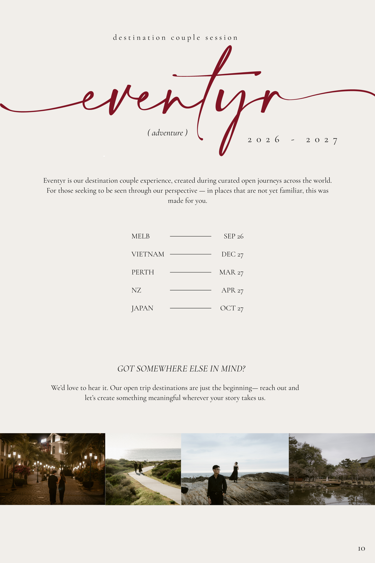 Elegant destination couple session flyer for Eventyr 2026-2027, featuring travel dates for Melbourne, Vietnam, Perth, NZ, and Japan.