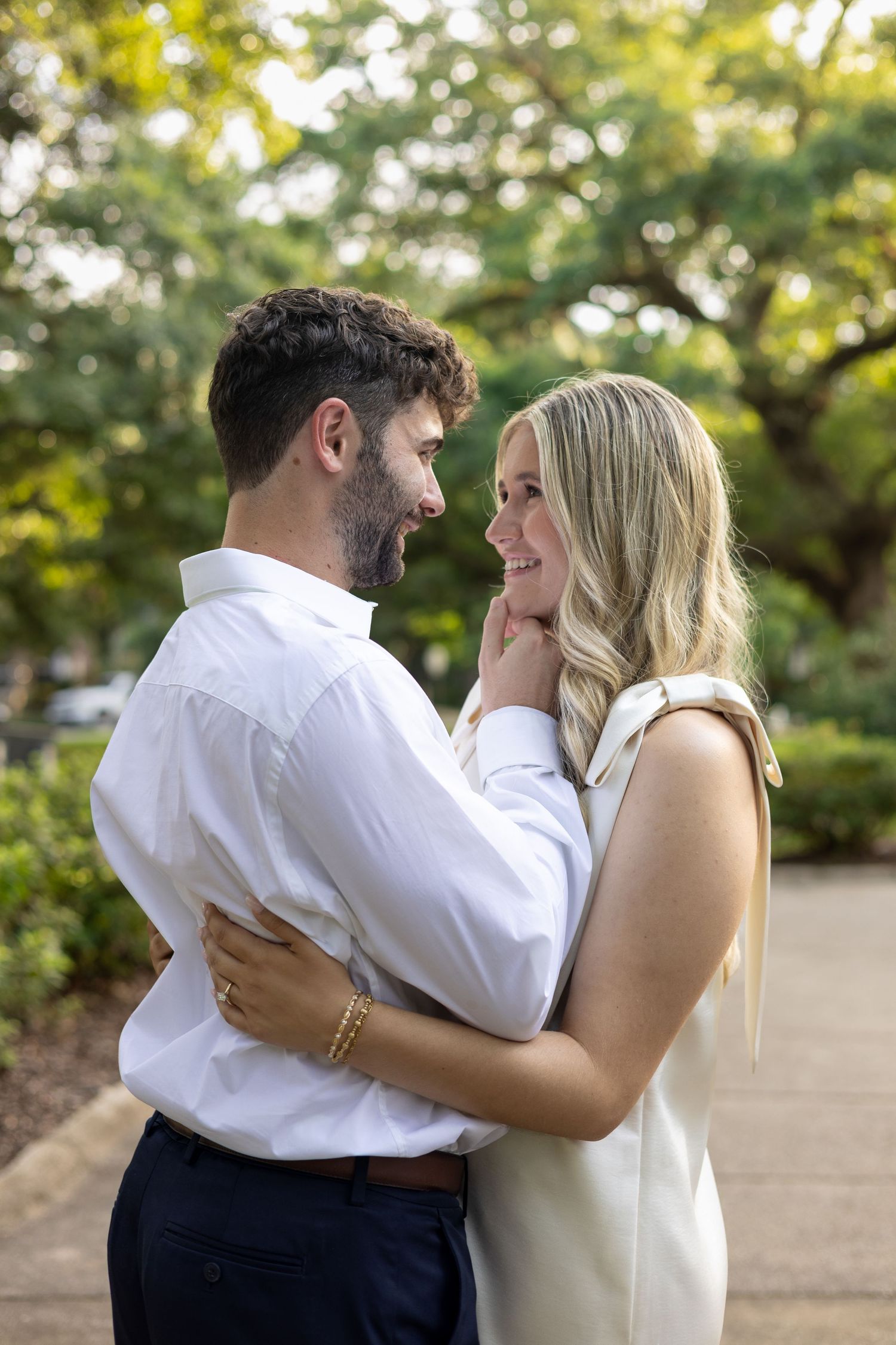 Couple embracing during their engagement session
