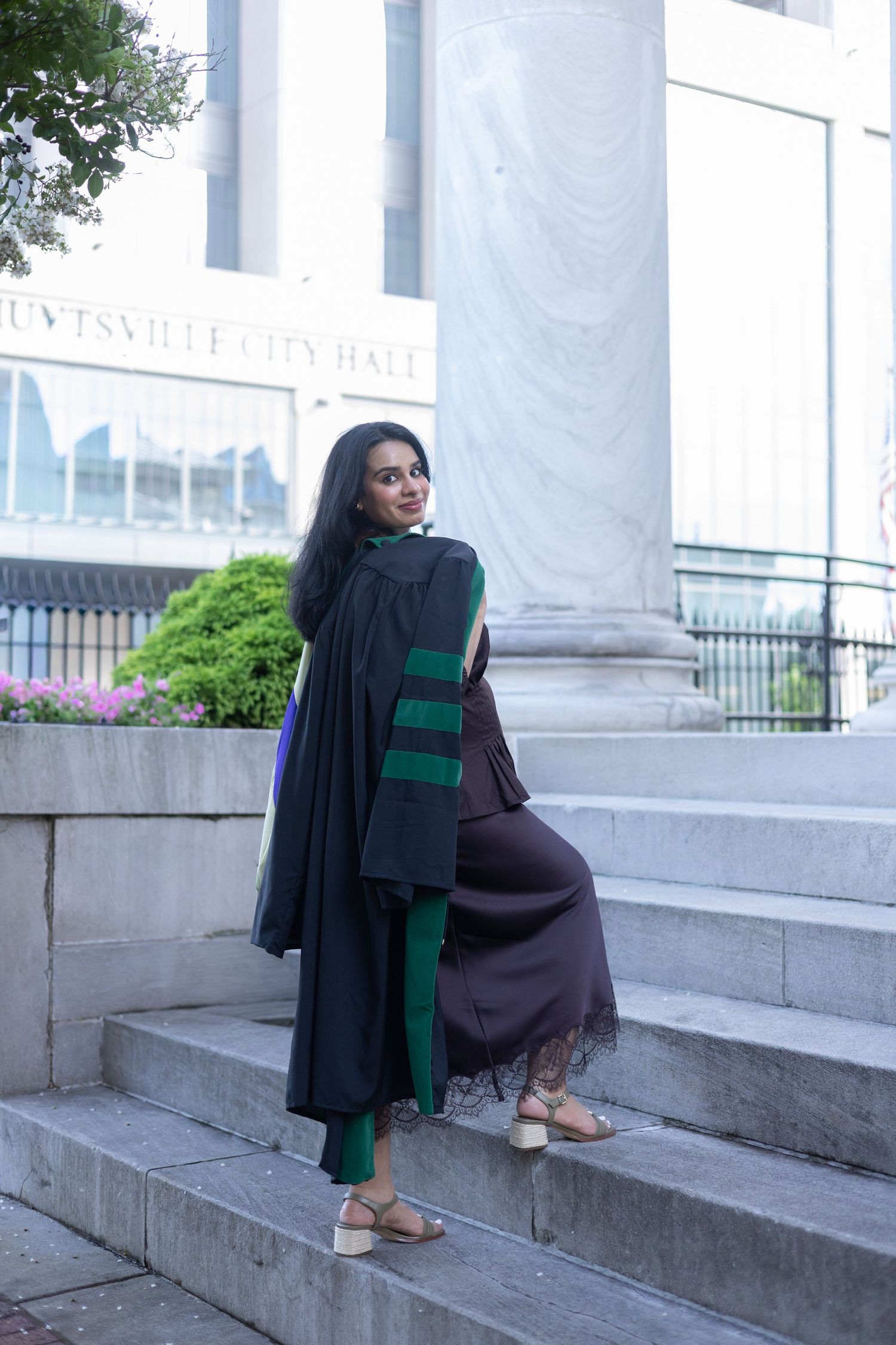 Senior portrait session on stone steps downtown Huntsville, Alabama
