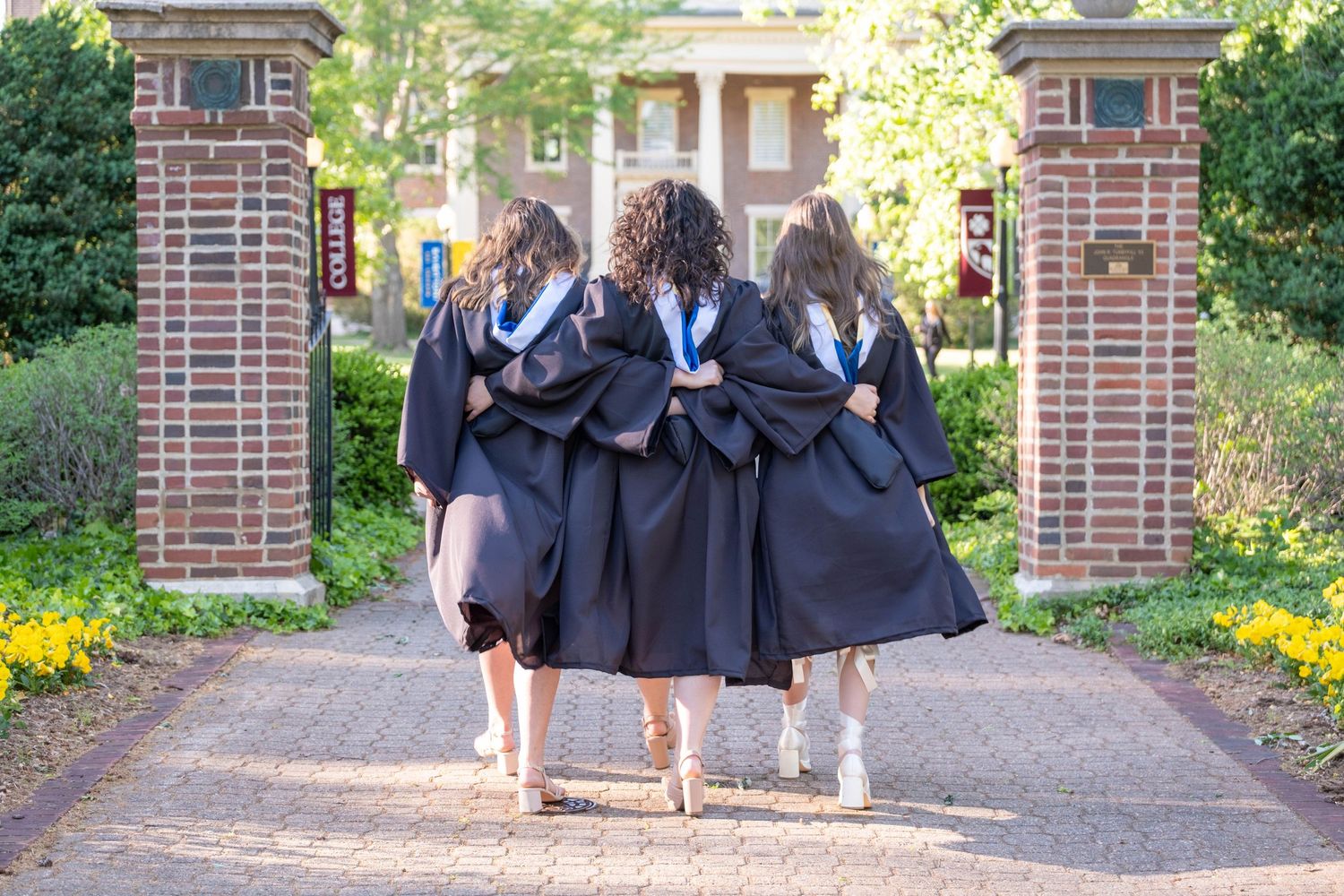 Three female graduates in black gowns and caps walk together arm-in-arm through brick campus gates.