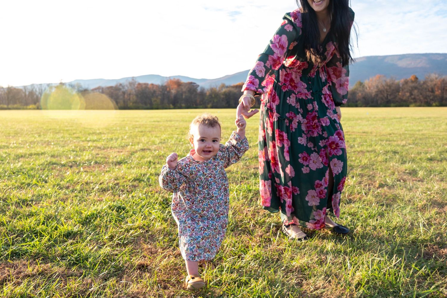 Mother holding toddler's hand while walking in sunny green field with mountains in background.