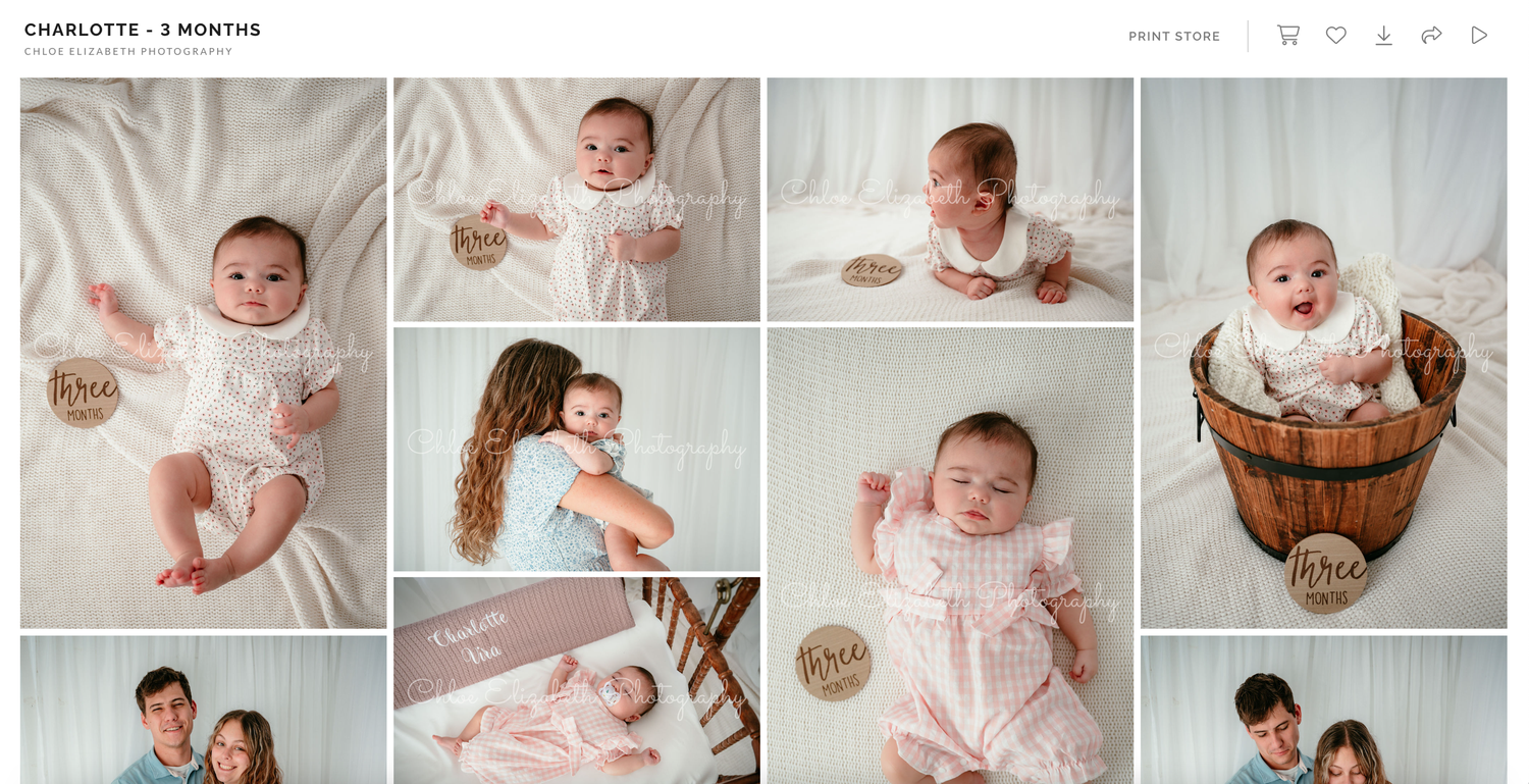 A sweet 3-month-old baby girl named Charlotte poses in soft pink outfits during a professional milestone photo session.