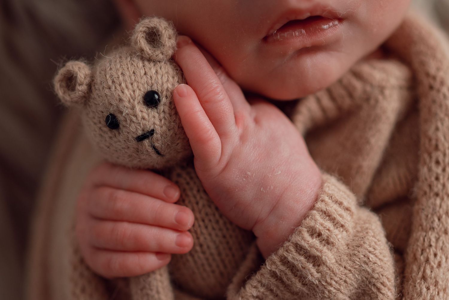 Close-up of a newborn baby holding a knitted teddy bear toy, wearing a beige sweater.