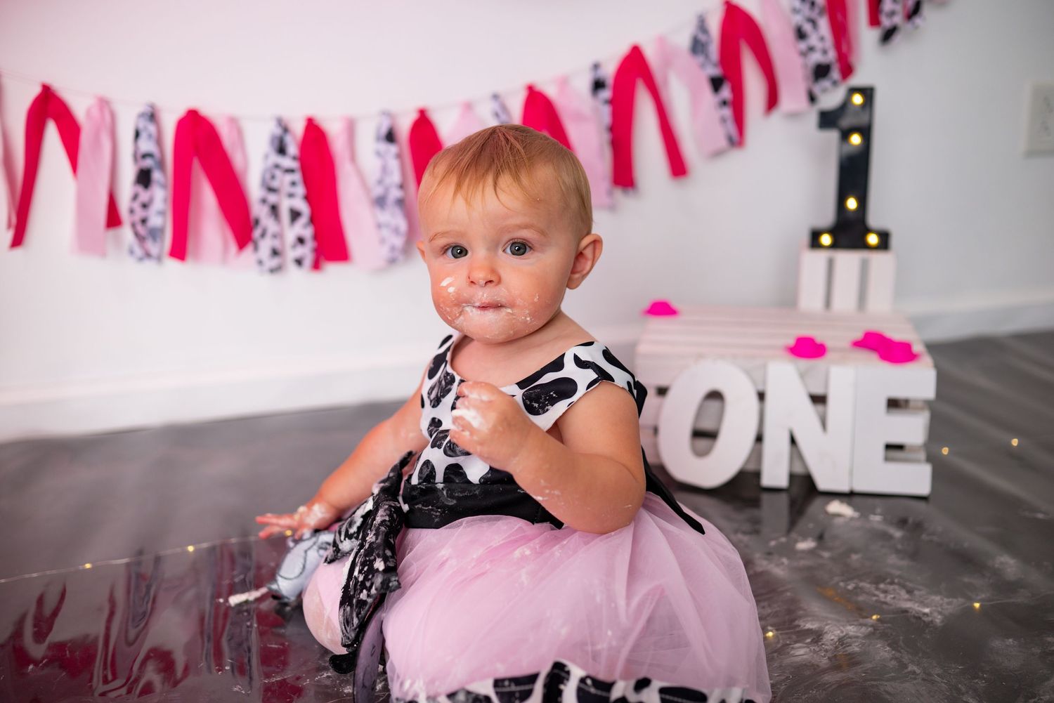 Baby girl in pink tutu and cow print dress sits by ONE sign at birthday cake smash.
