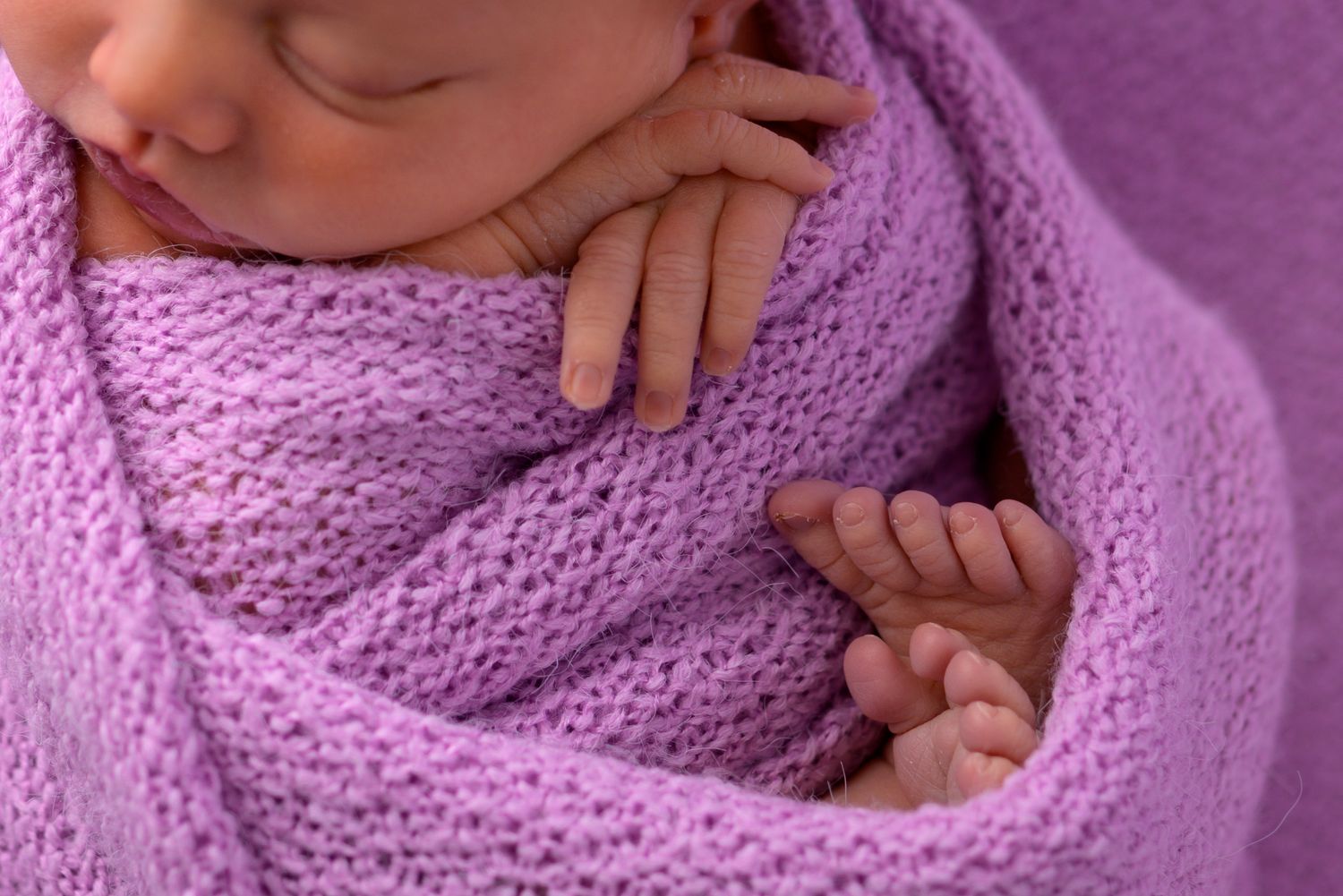 Close-up of a sleeping newborn baby swaddled in a soft purple knit wrap with tiny hands visible.