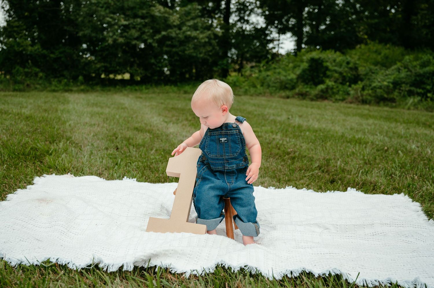 Baby in denim overalls standing on a white blanket in a green field with a wooden number one prop.