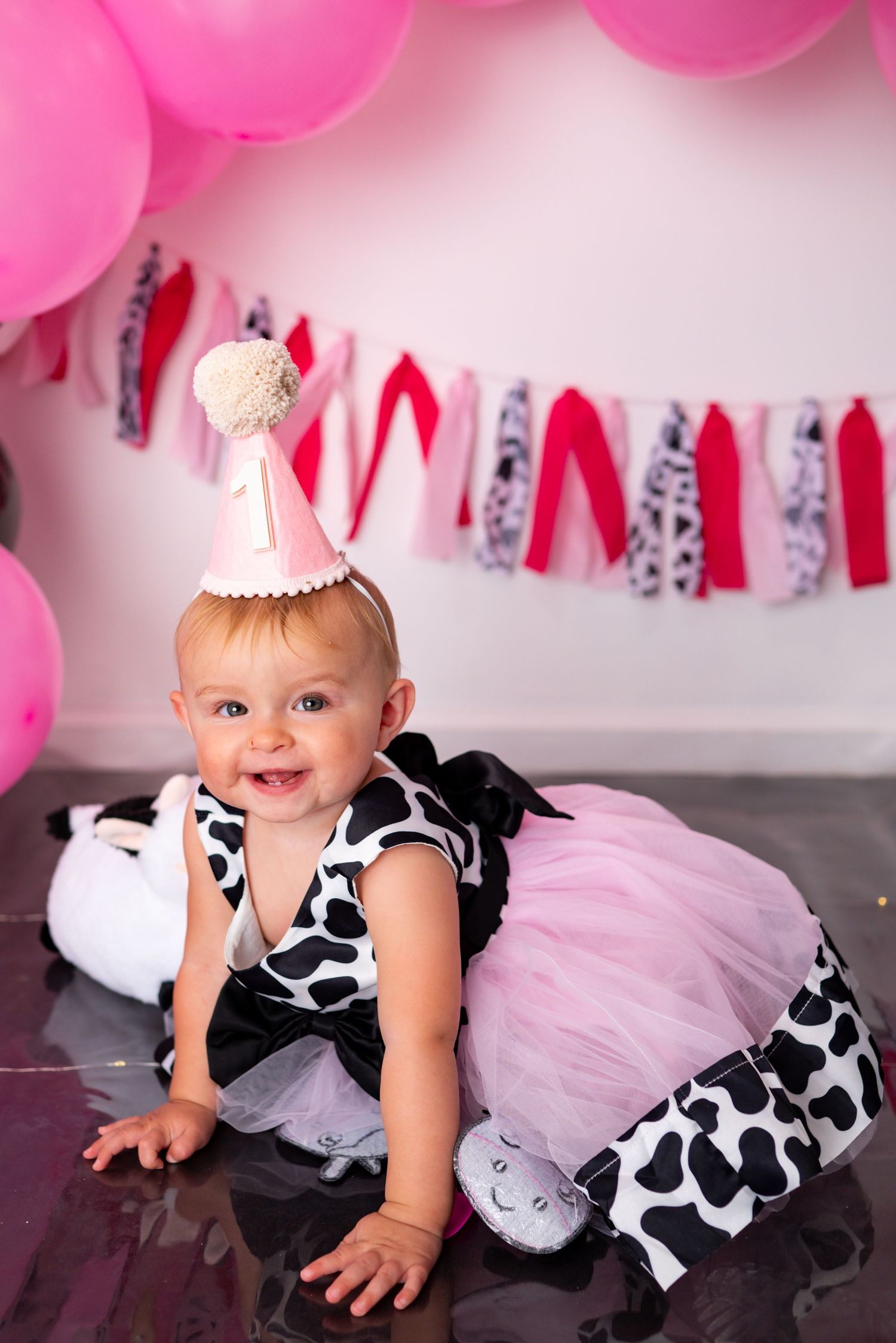 Smiling baby girl in cow print dress and pink tutu crawls at first birthday cake smash.