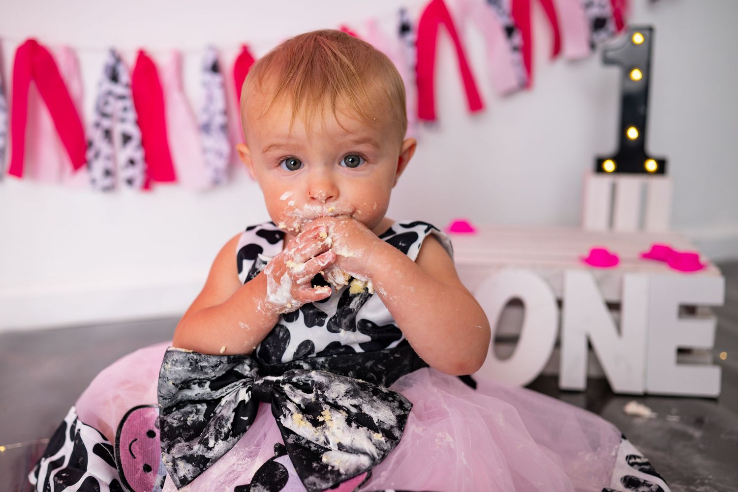 Baby girl in pink tutu celebrates first birthday smashing cake with frosting on her face near ONE sign.