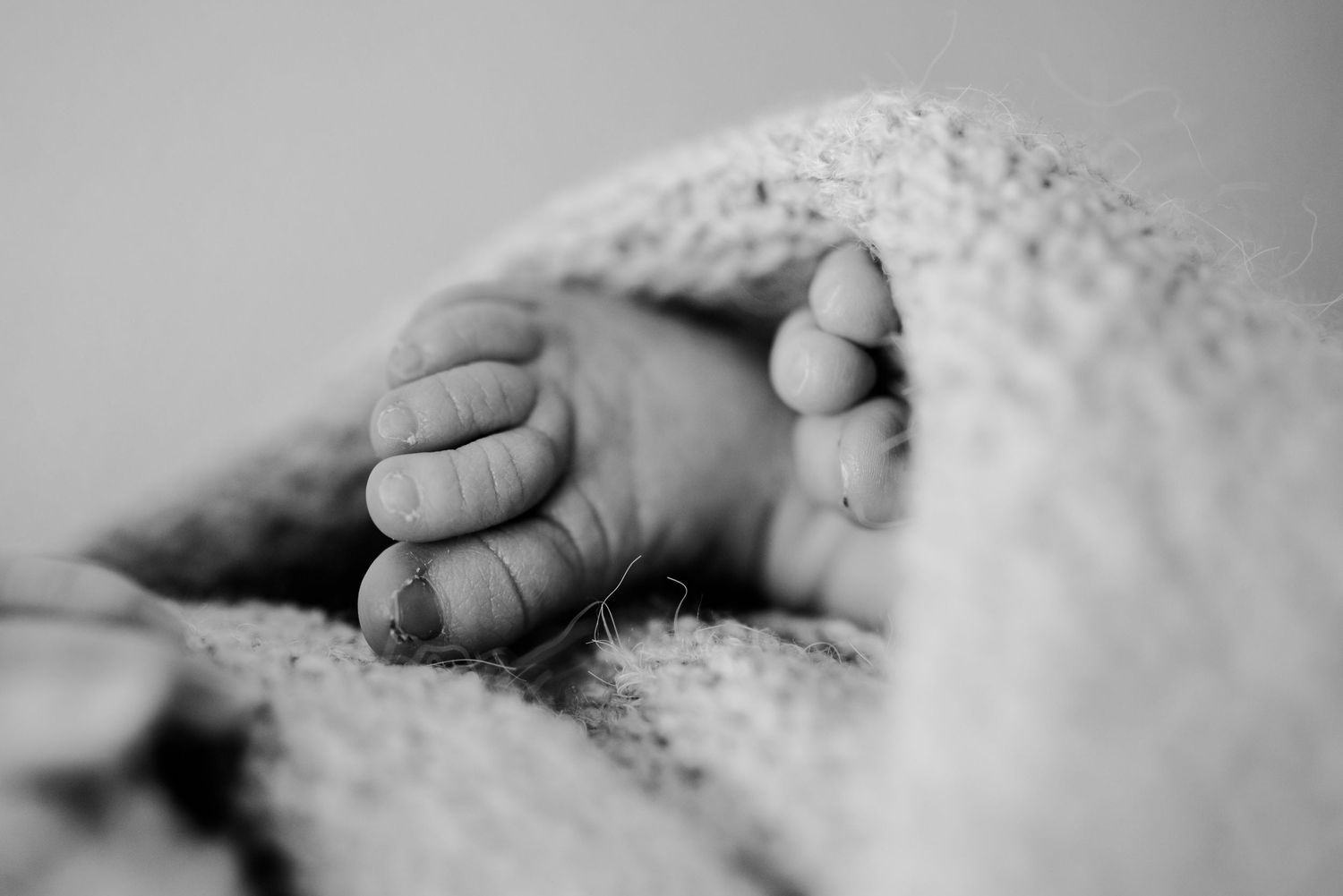 Black and white close-up of newborn baby tiny feet wrapped in soft blanket.