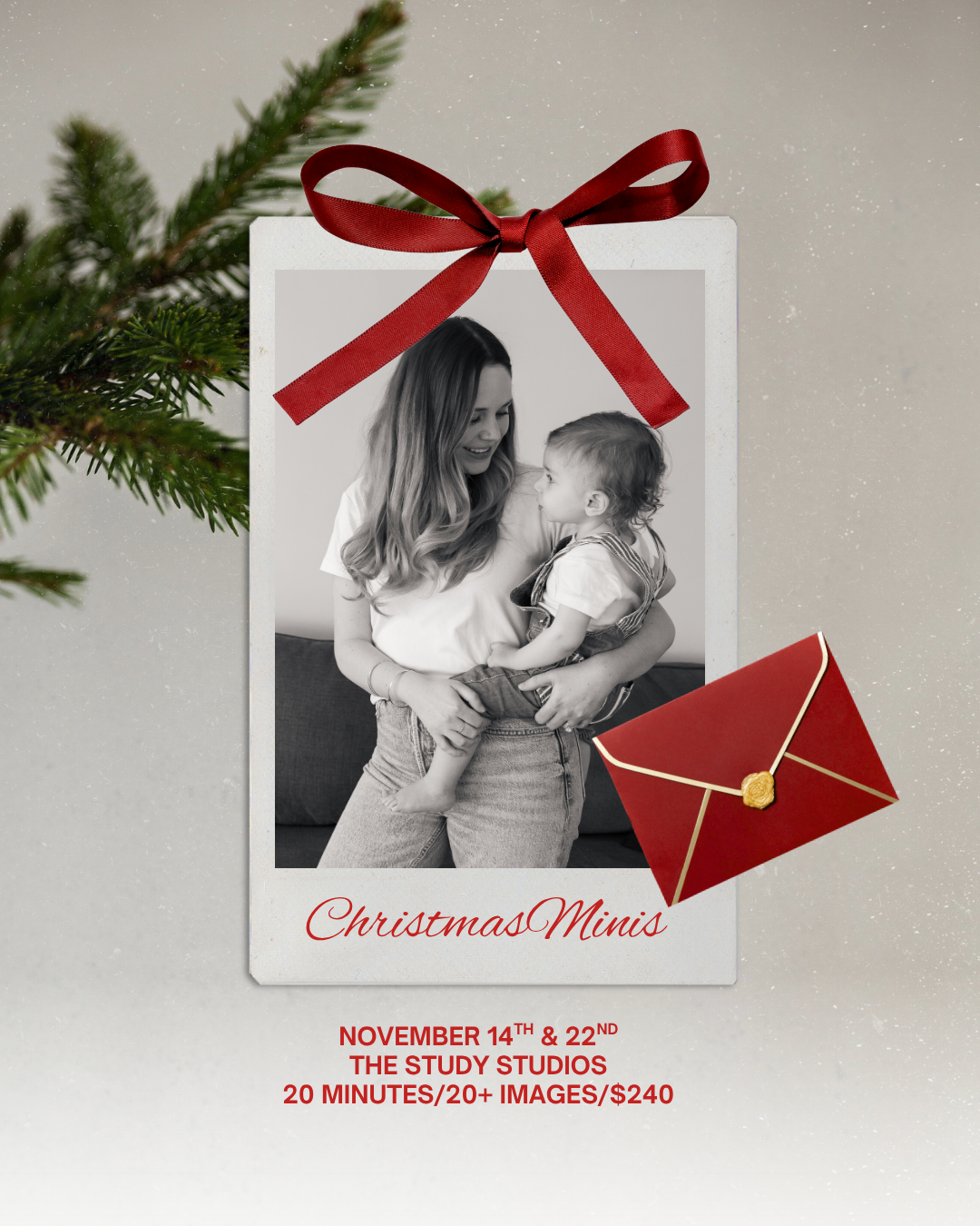 Christmas mini photo sessions promo showing mother and baby, November 14th & 22nd, 20 minutes, 20+ images, $240.