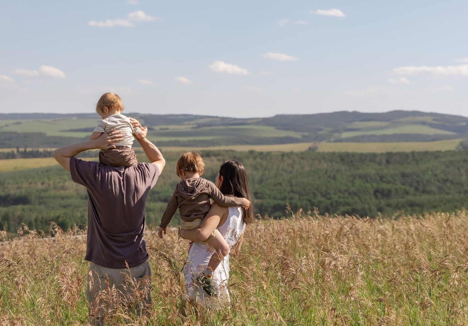 Family with two young children standing in a meadow admiring scenic green hills and blue sky.