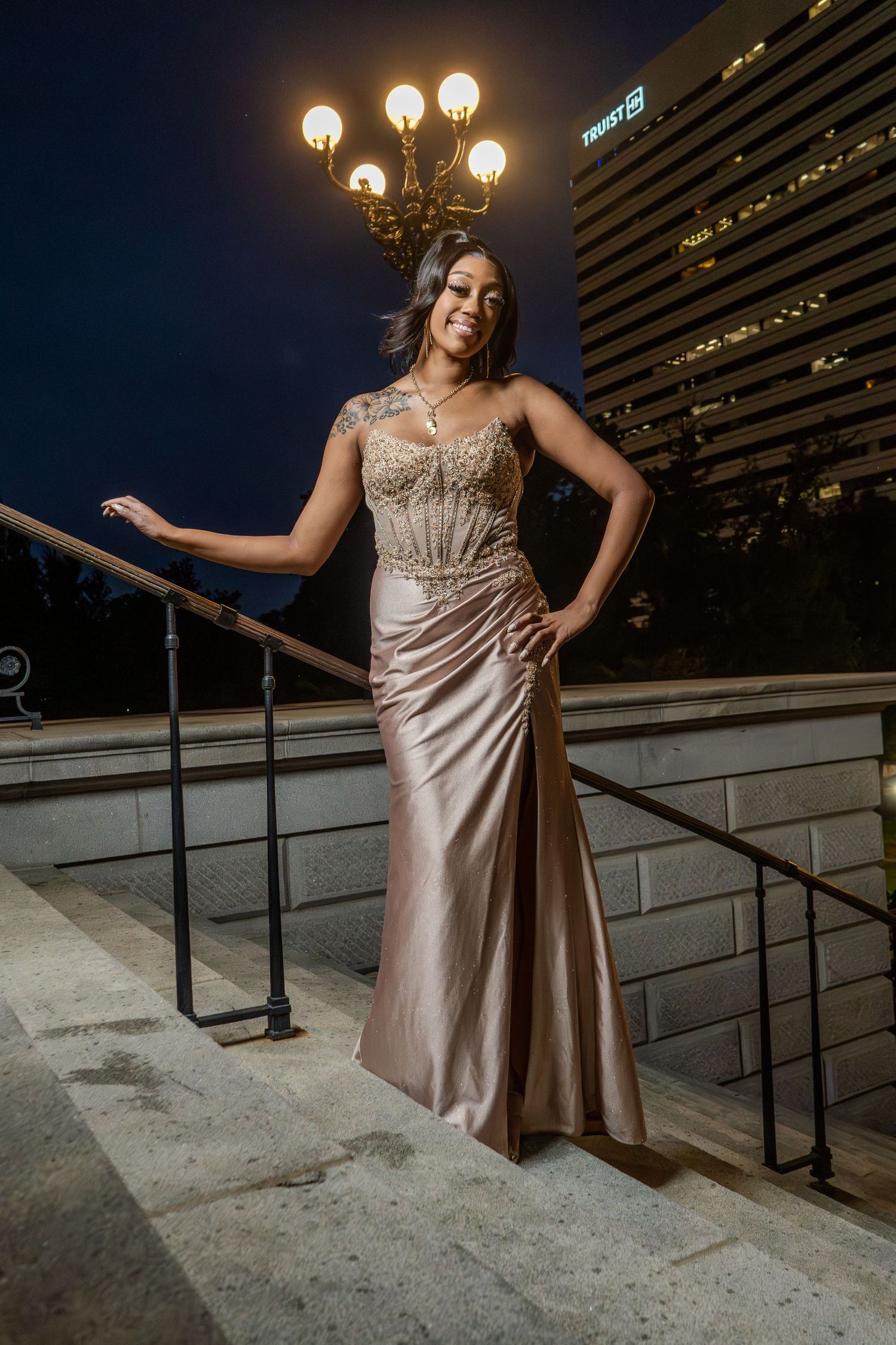 Atlanta portrait photoshoot in Downtown Atlanta  featuring elegant gold and tan dress  – Vera-Lane’s Photography & Media