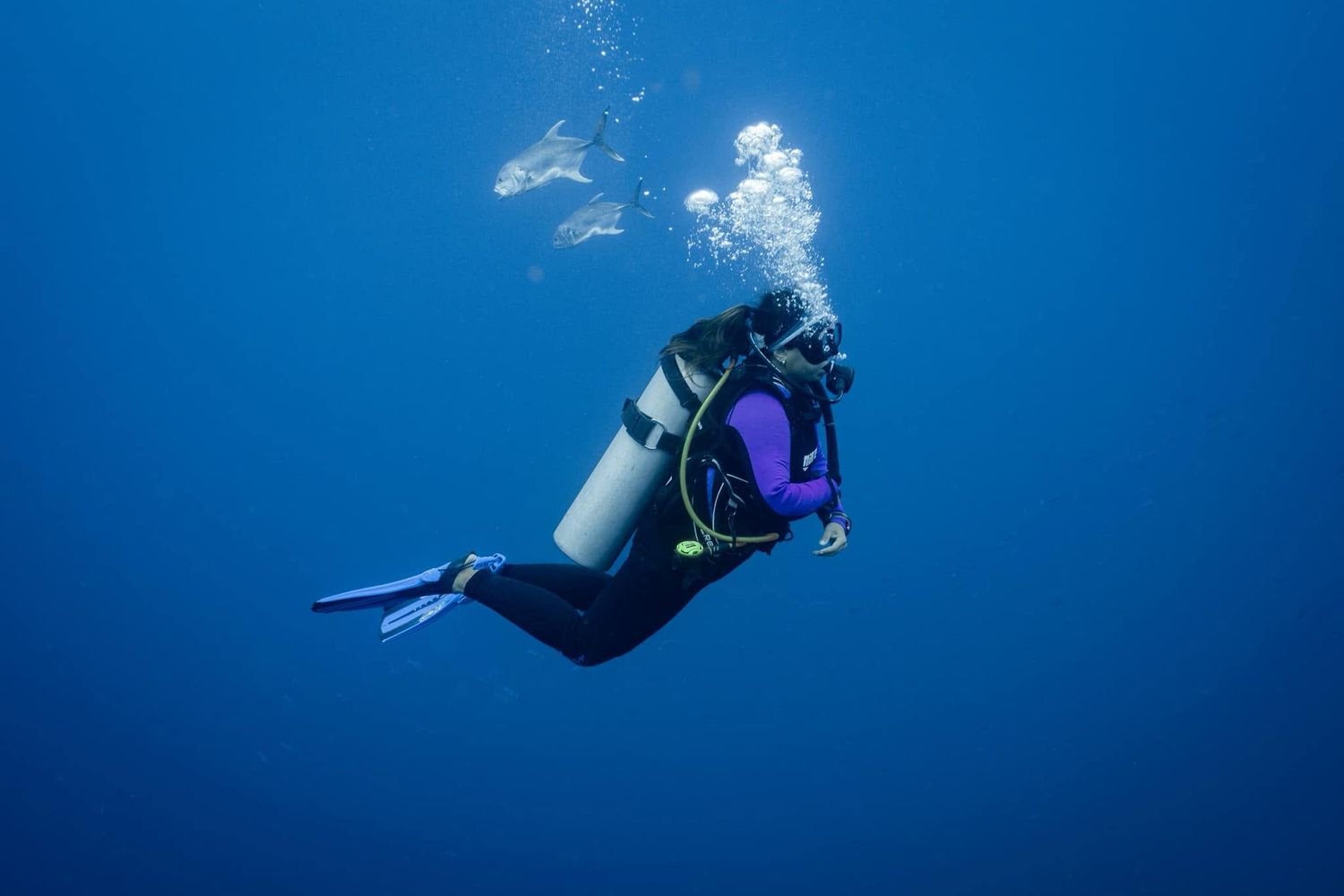 Scuba diver in purple wetsuit and tank explores clear blue ocean water with bubbles rising to the surface.
