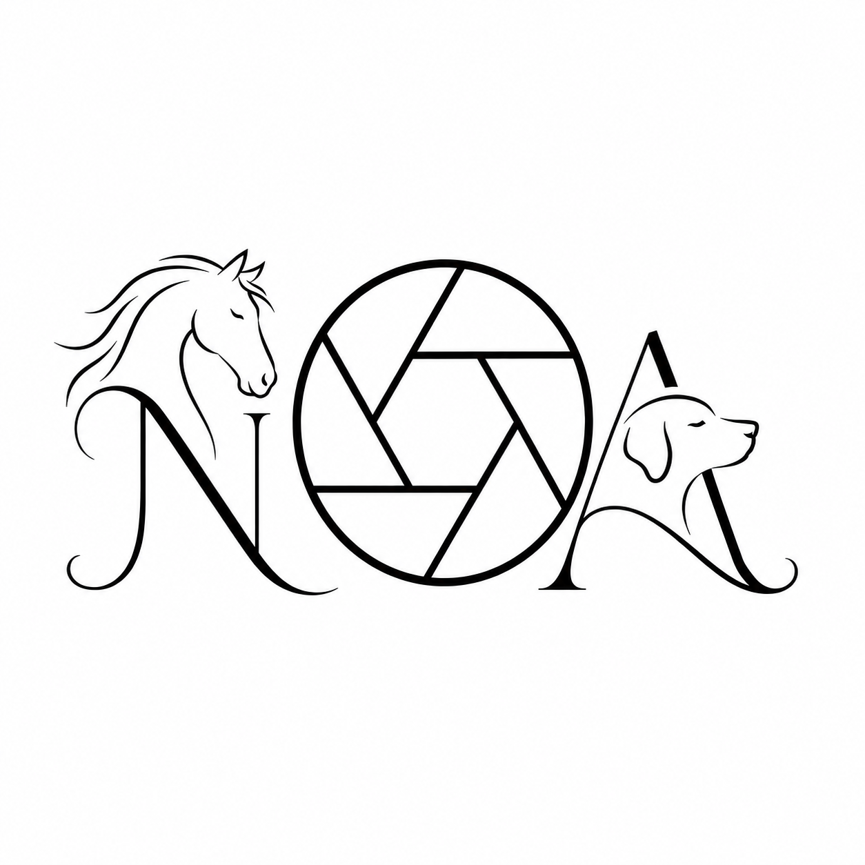 NOA logo featuring elegant horse and dog illustrations with a camera aperture design in minimalist black line art.