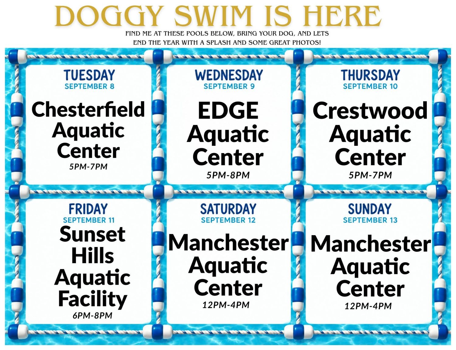 Doggy Swim event flyer listing six aquatic centers in Missouri hosting dog-friendly pool sessions from September 8-13.