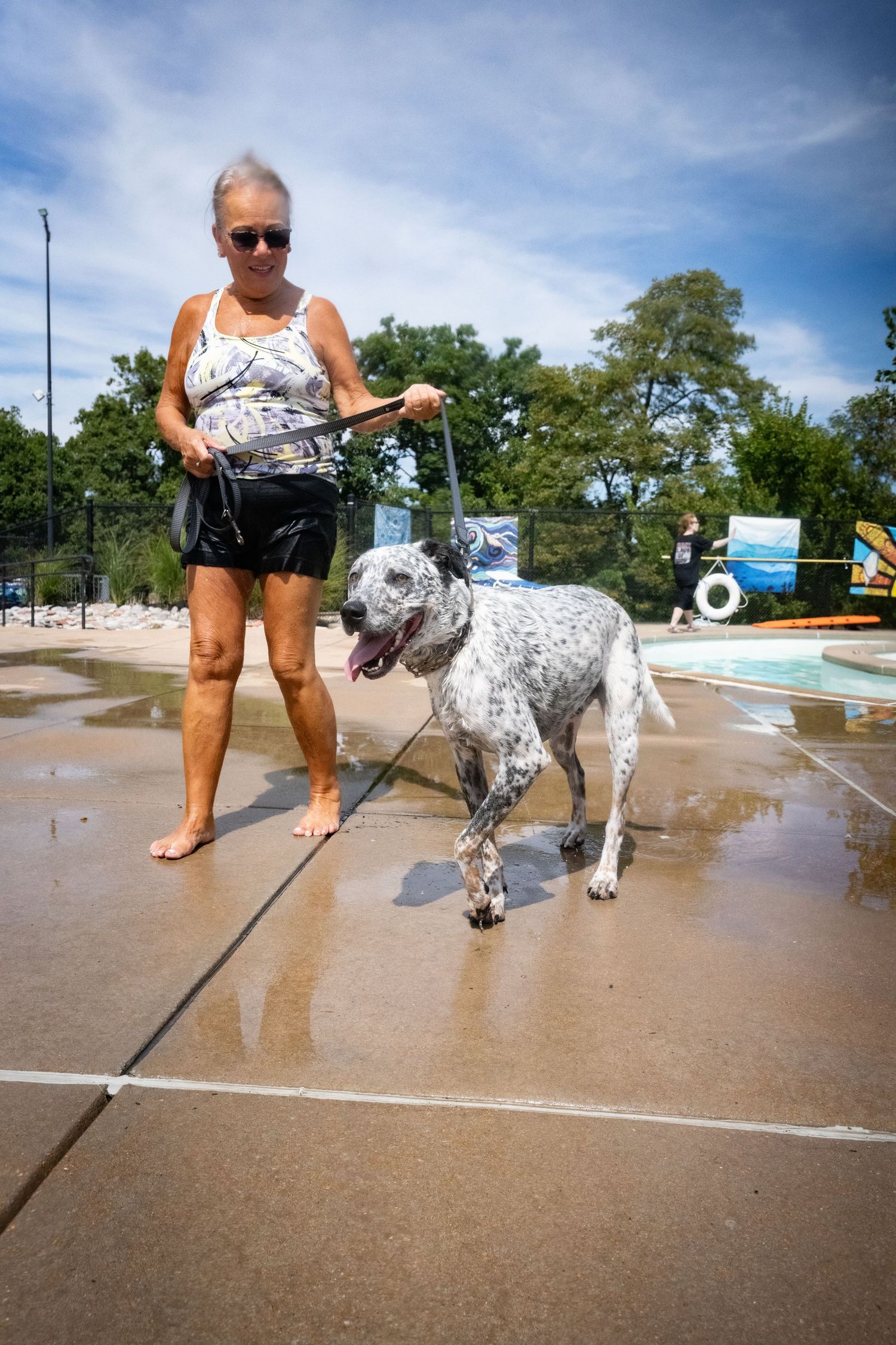 A woman walks her wet spotted dog on a leash beside an outdoor swimming pool.