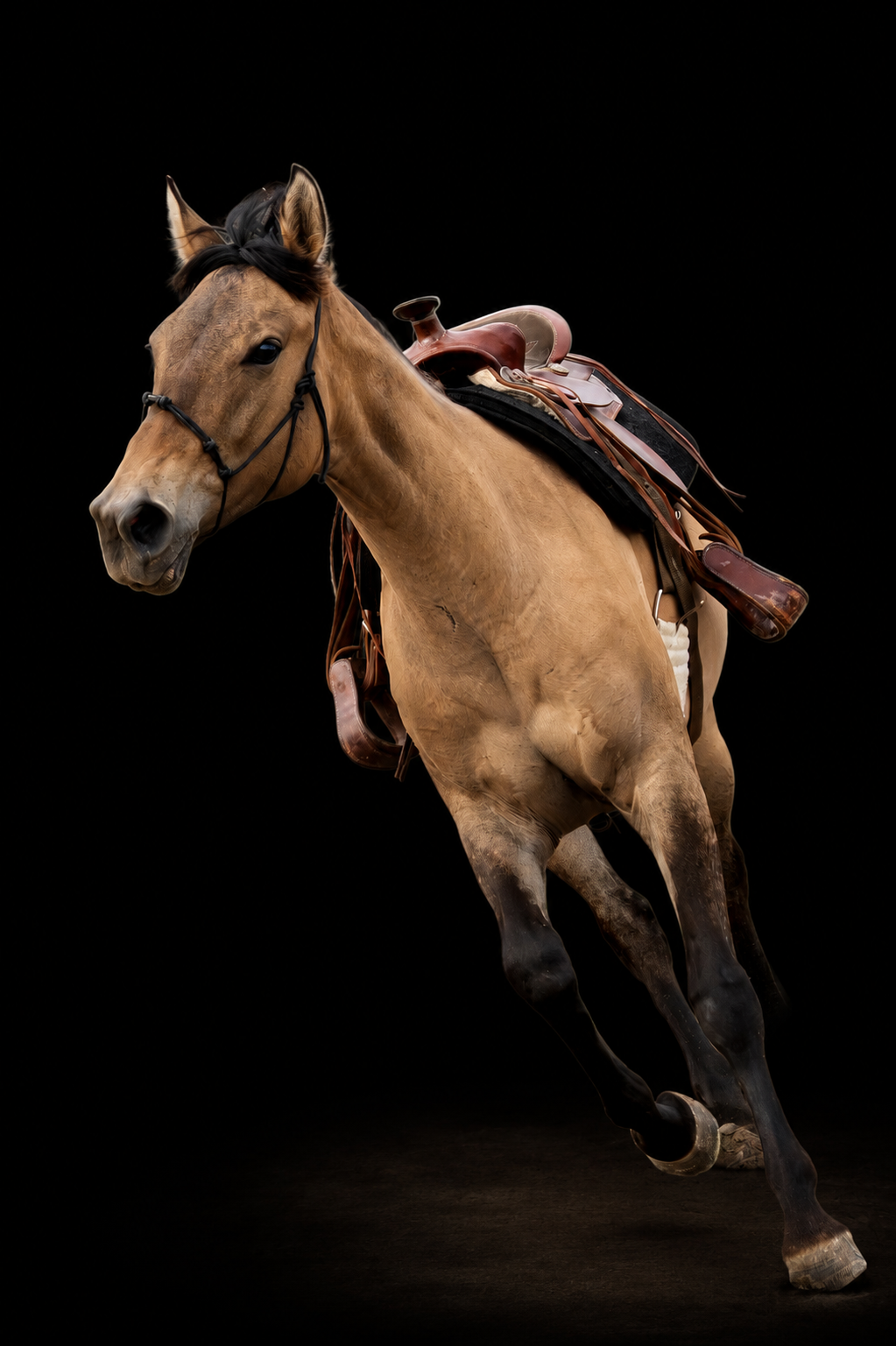 A saddled buckskin horse galloping dynamically against a solid black studio background.