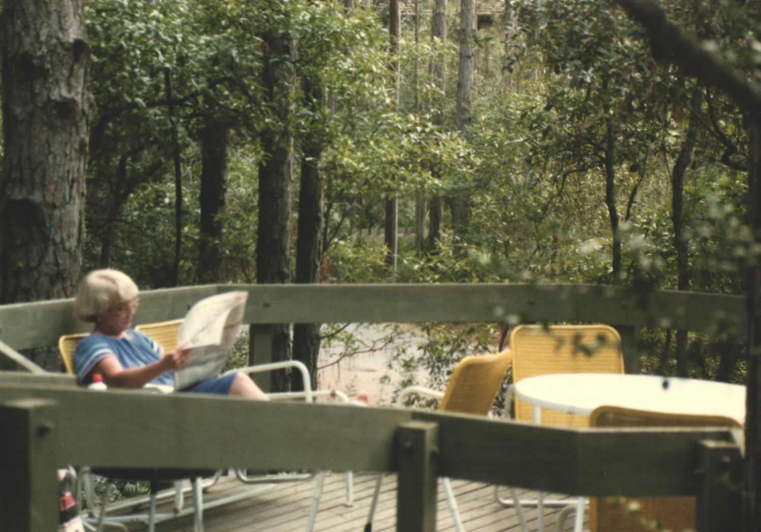 Young child relaxing in a chair on a wooden deck surrounded by lush green trees in a peaceful outdoor setting.