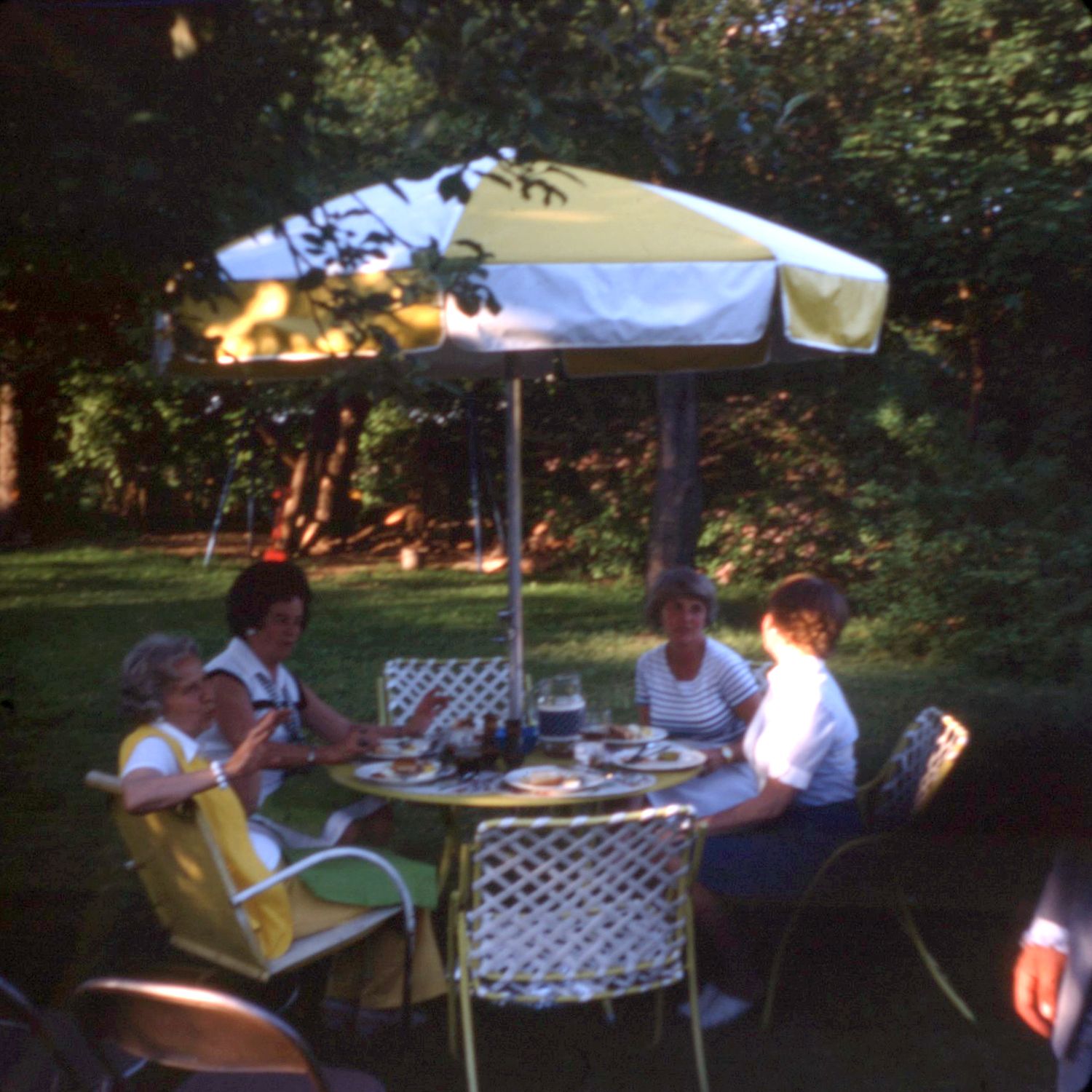 Four people dining outdoors under a white patio umbrella on a sunny day in a lush green backyard.