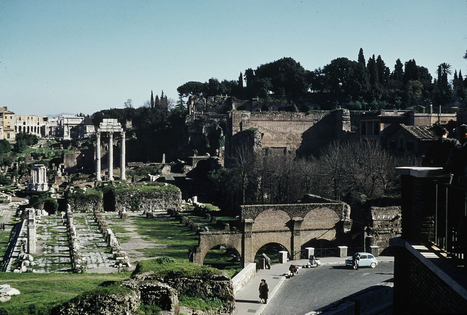 Panoramic view of the Roman Forum ruins with ancient columns and archaeological remains in Rome.