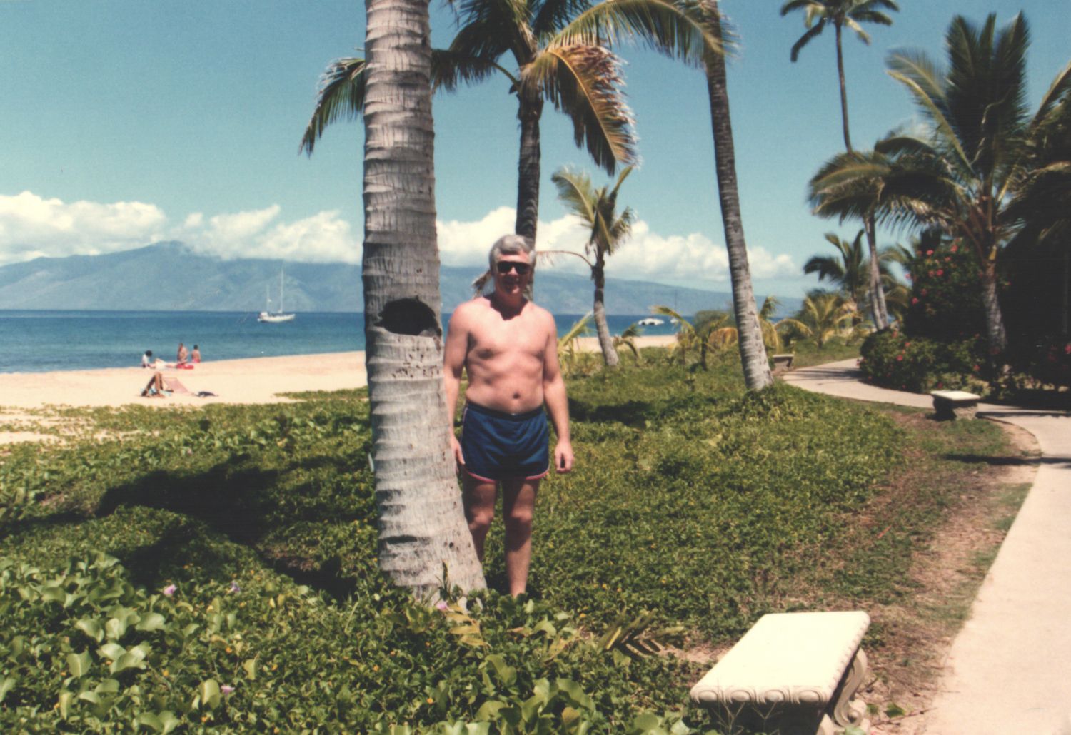 Man in blue swim trunks standing near palm trees on a tropical Hawaiian beach with ocean views.