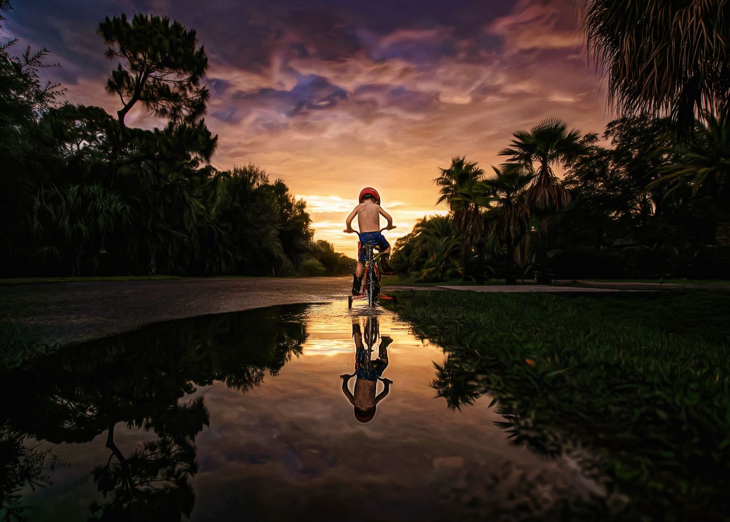 A child rides a bike reflected in a puddle under a dramatic colorful sunset sky.