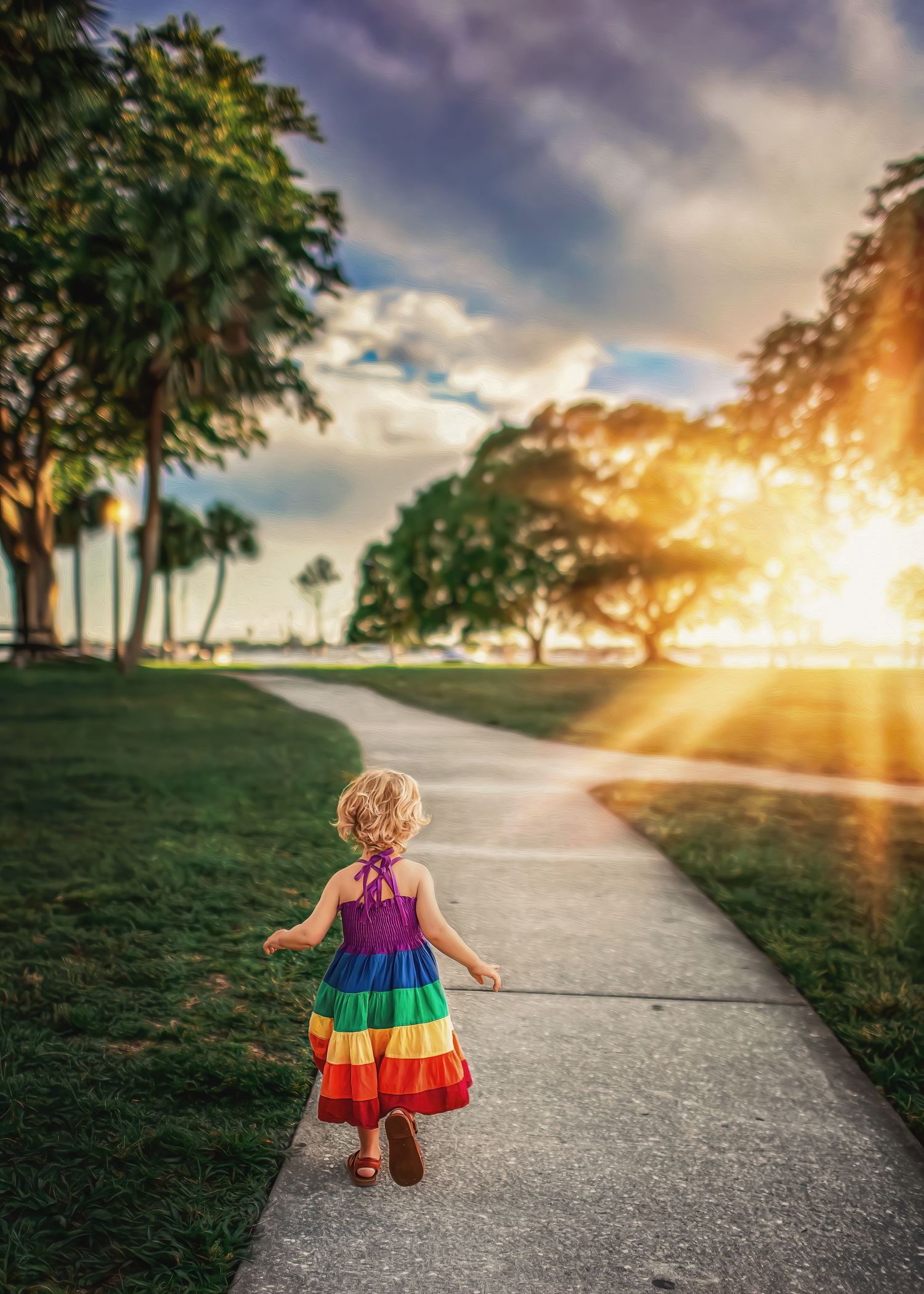 Young girl in rainbow dress walking along sunny park pathway toward golden sunset light.