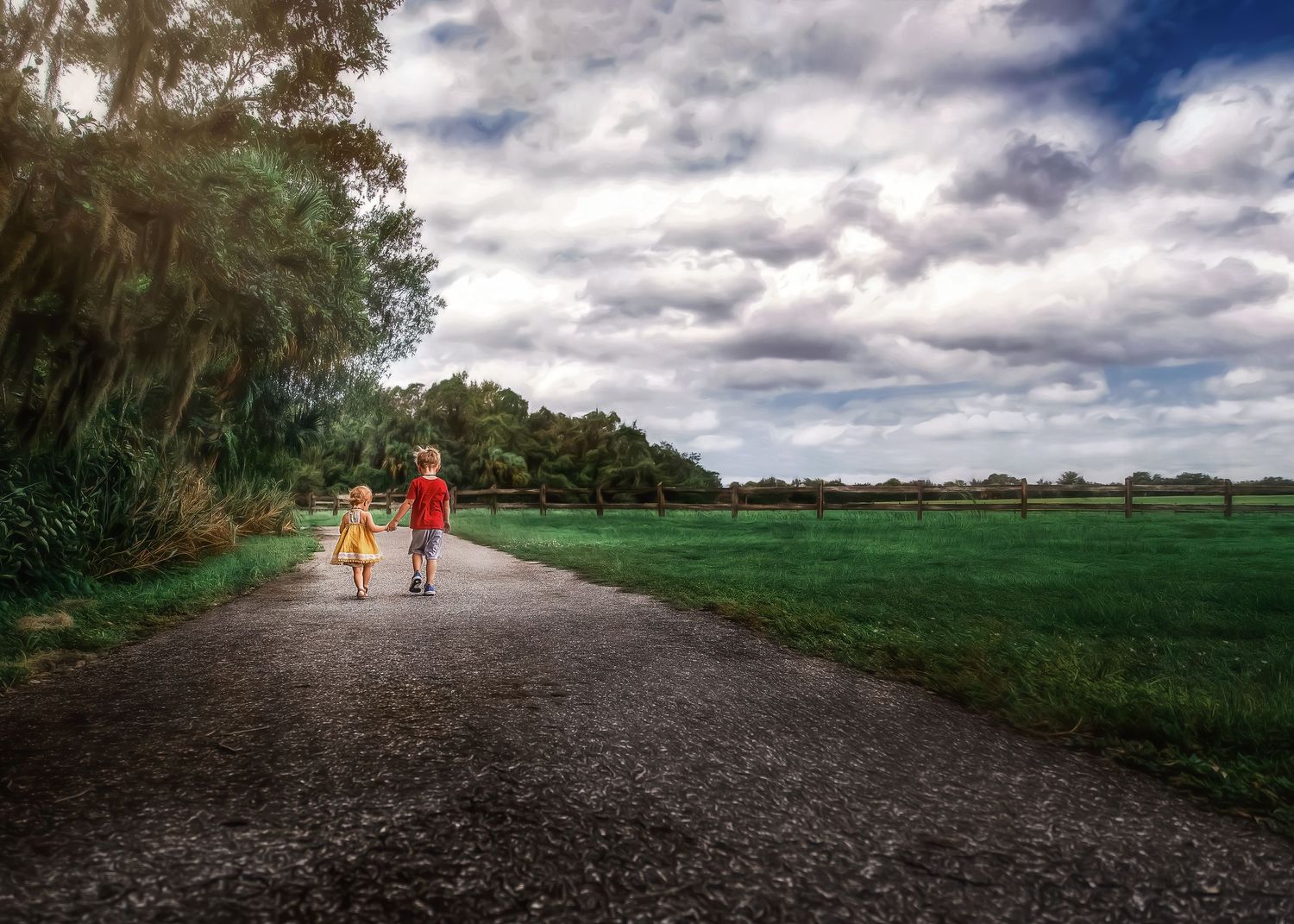 Two young children holding hands walking down a rural road surrounded by green fields and cloudy sky.