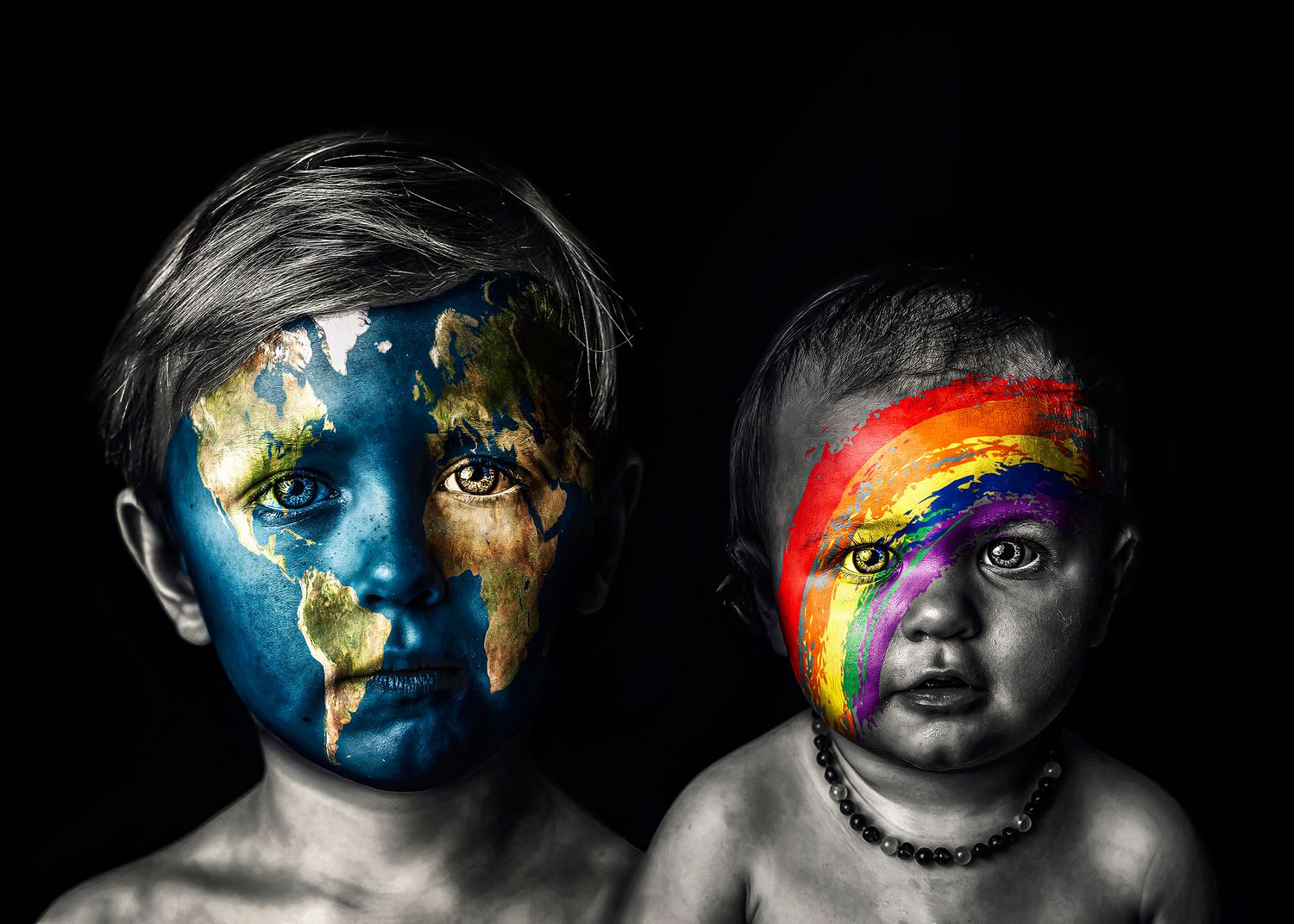 Two children with world map and rainbow face paint on black background.