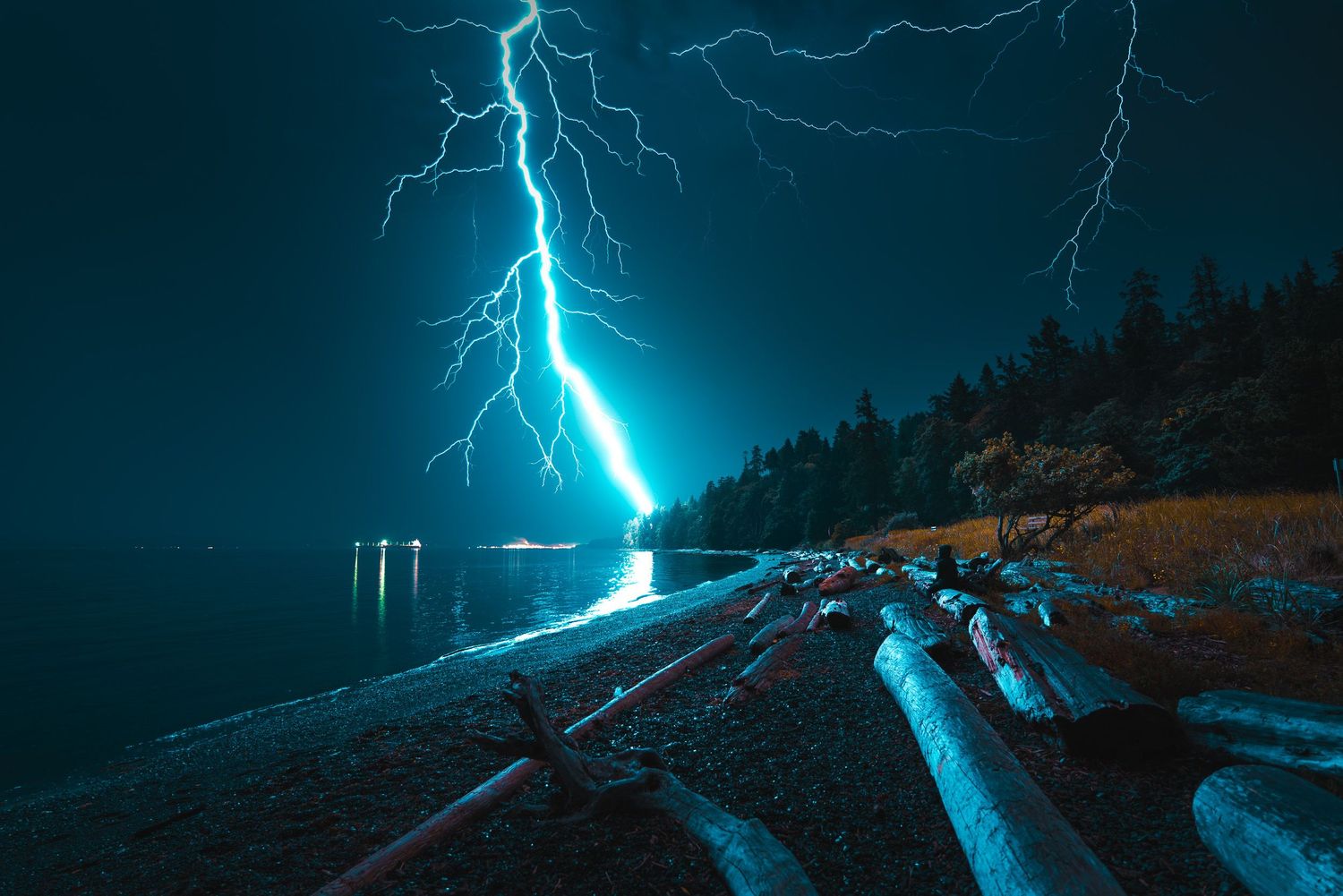 Dramatic lightning strike illuminates a dark beach shoreline at night with driftwood logs and glowing cyan light reflecting on calm water.