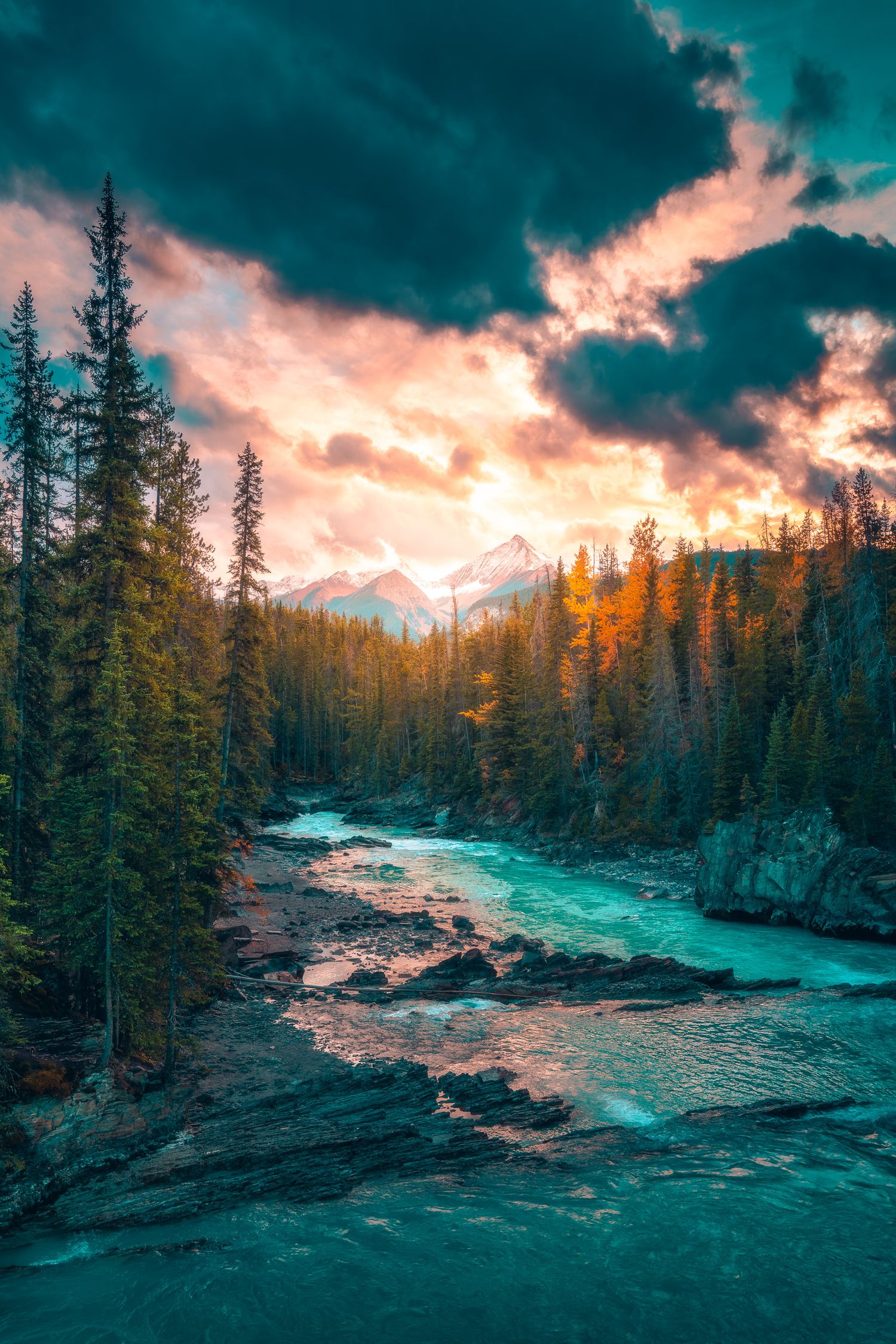 Turquoise river flows through pine forest at sunset with dramatic pink clouds and snow-capped mountains in background.