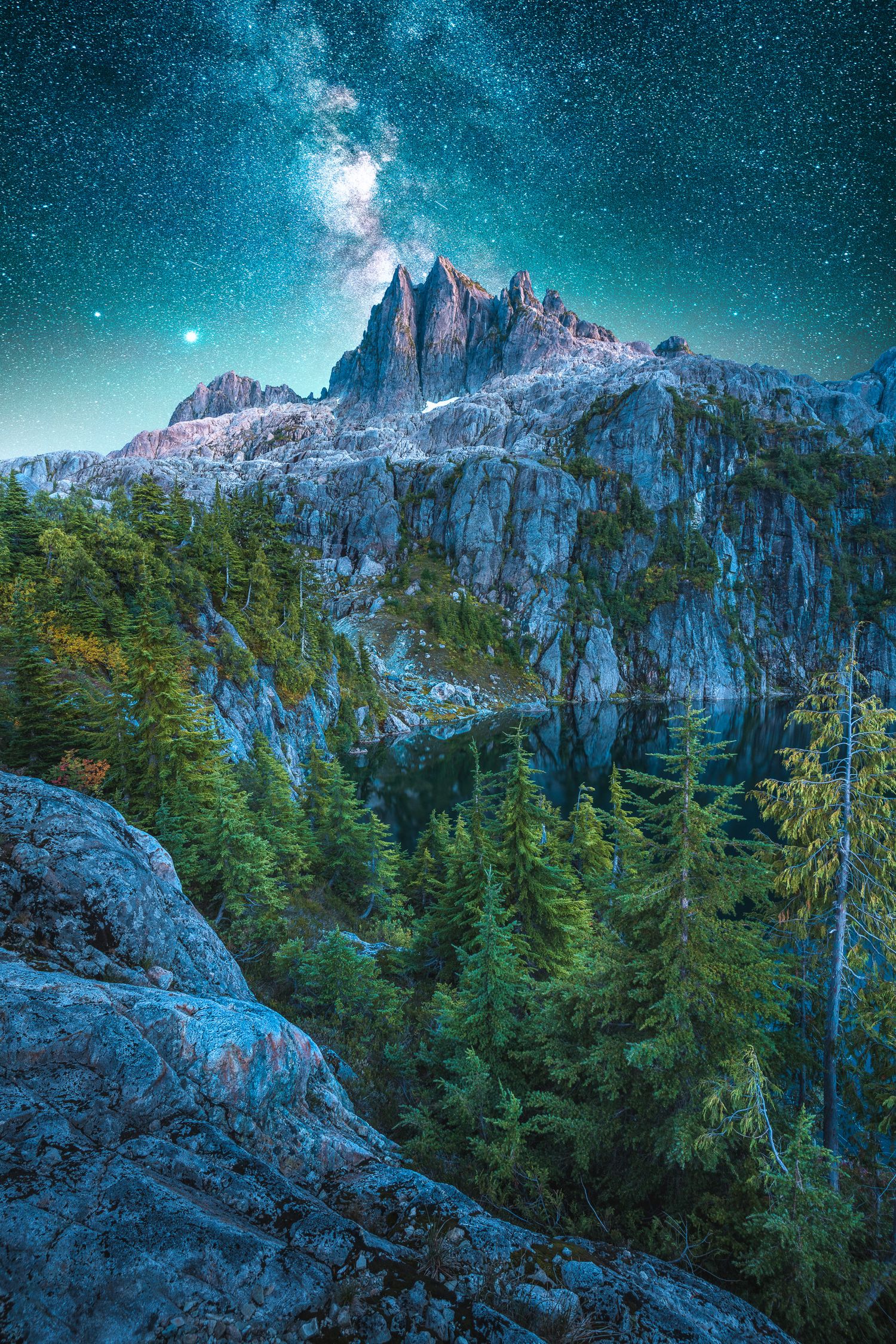 Milky Way galaxy glows above a jagged rocky mountain peak surrounded by lush green pine trees and a mountain lake.