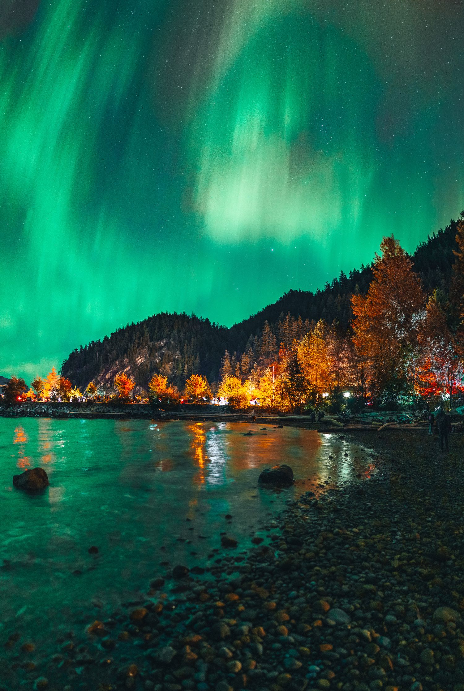 Brilliant green northern lights swirl over autumn trees and a rocky shoreline reflecting in calm water at night.