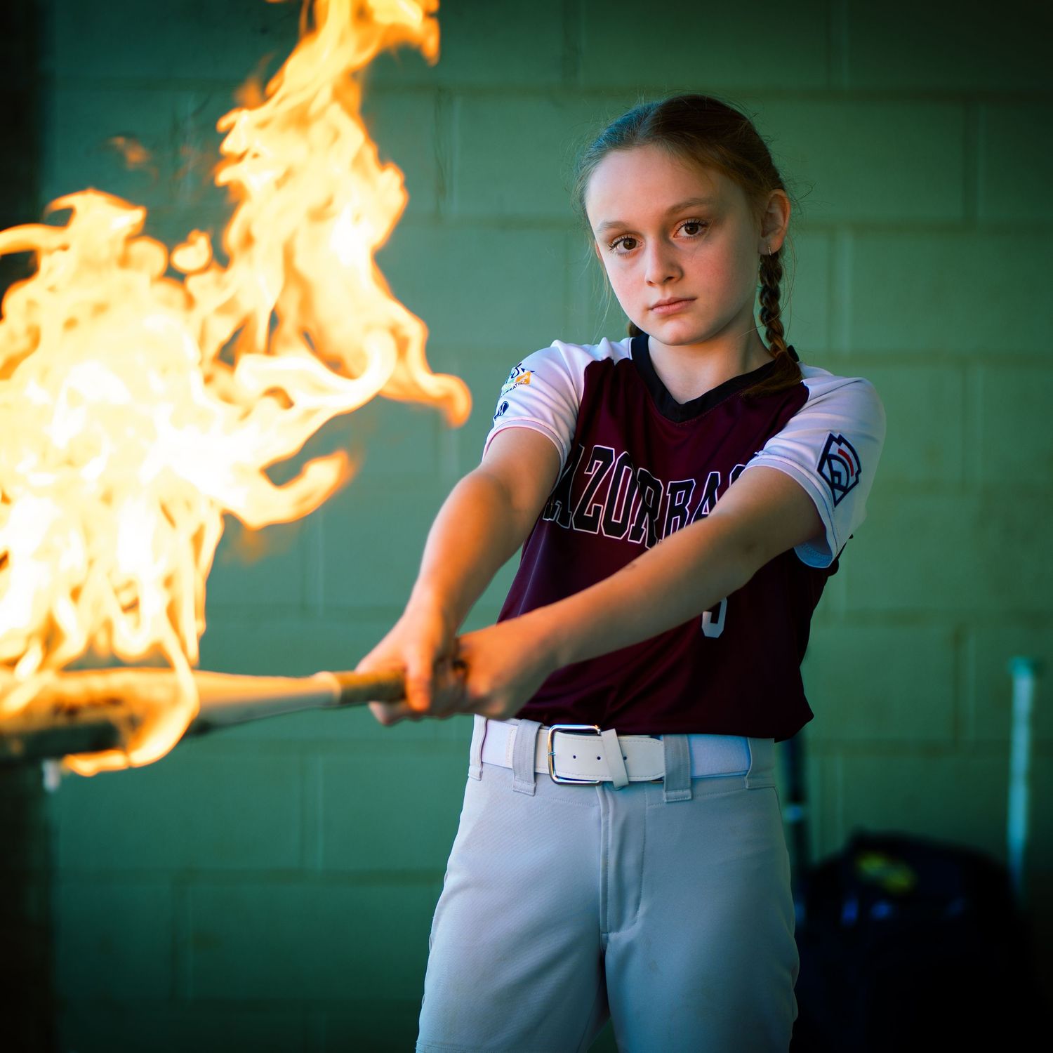 Youth softball player media day portrait with creative fire effect