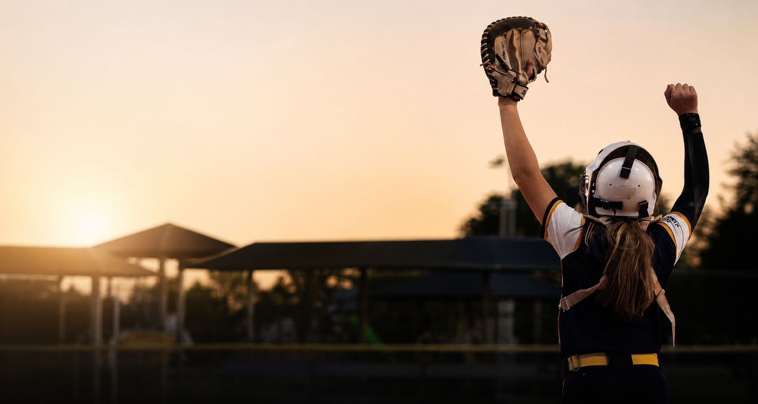 Youth softball player celebrating a catch during sunset game action