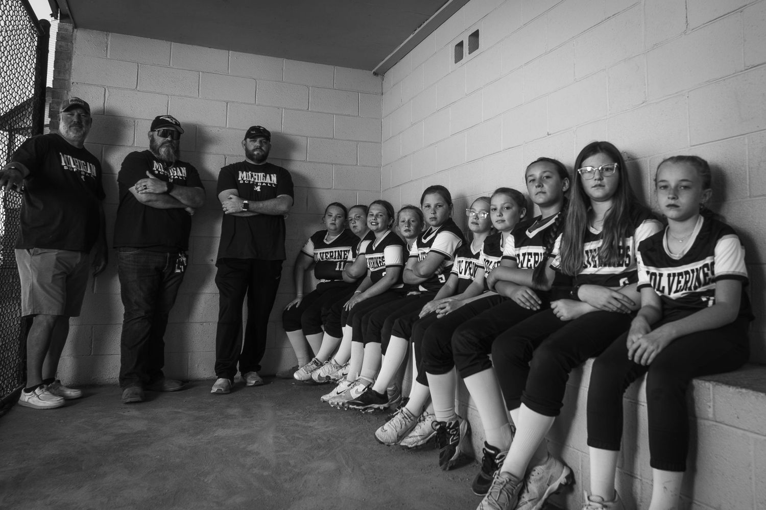 Youth softball team media day group portrait in black and white