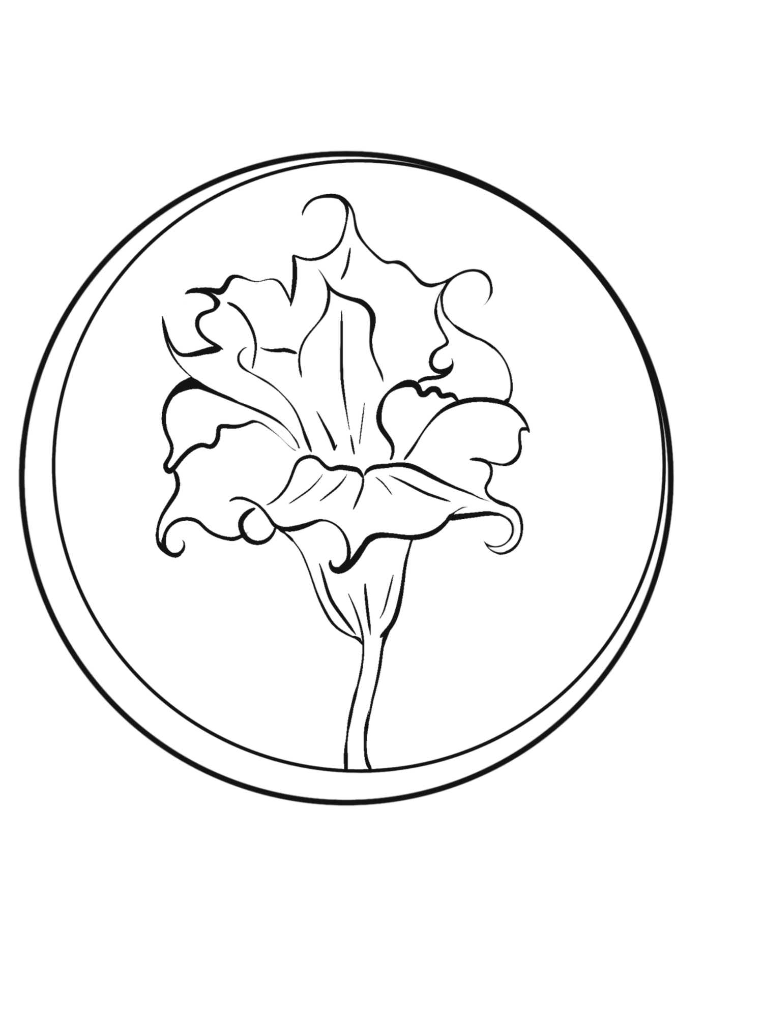 Black and white line drawing of a decorative flower inside a circle, perfect for coloring pages or botanical art prints.