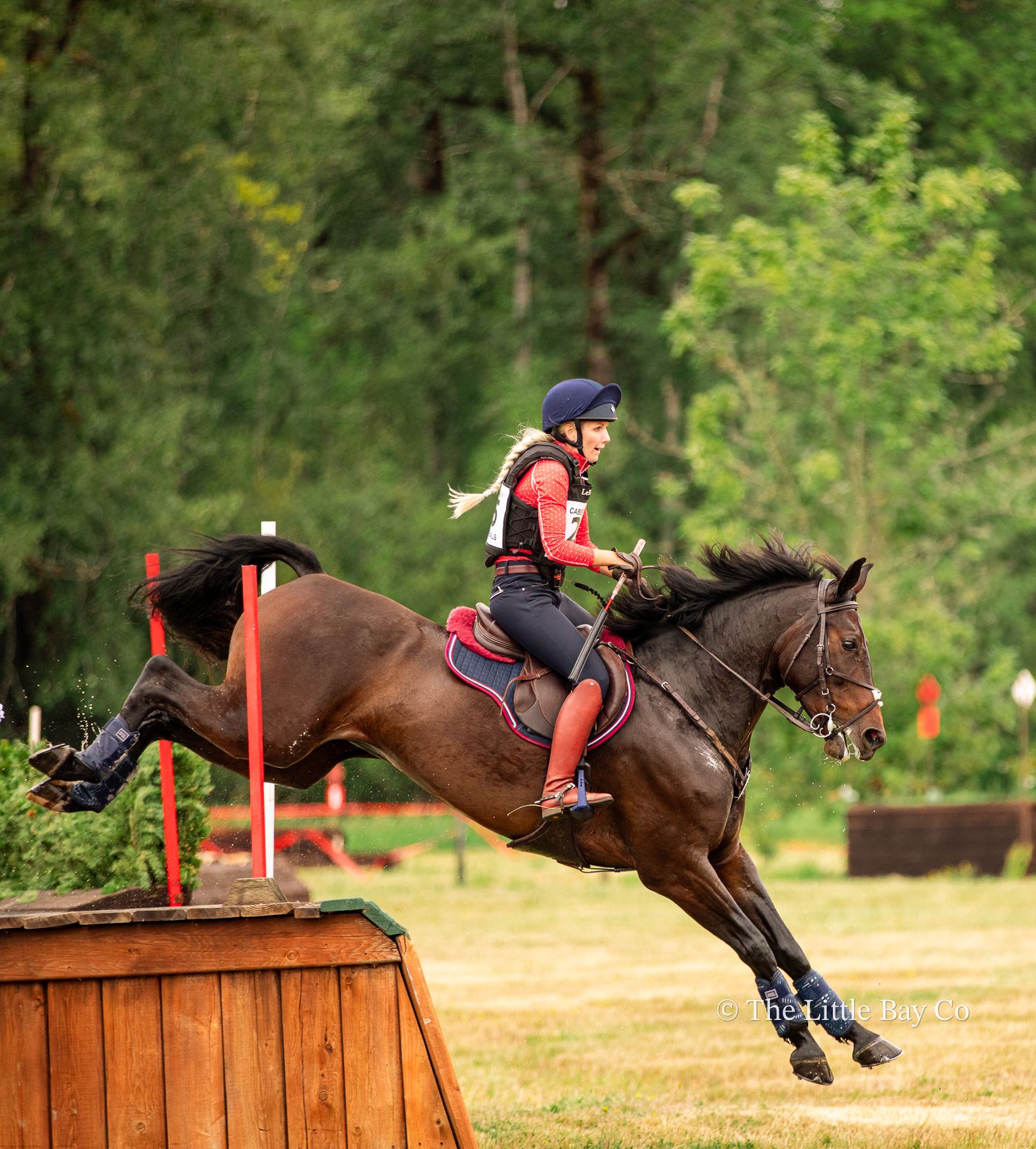 A rider in red and black attire jumps a dark horse over a fence obstacle during an equestrian cross-country event.