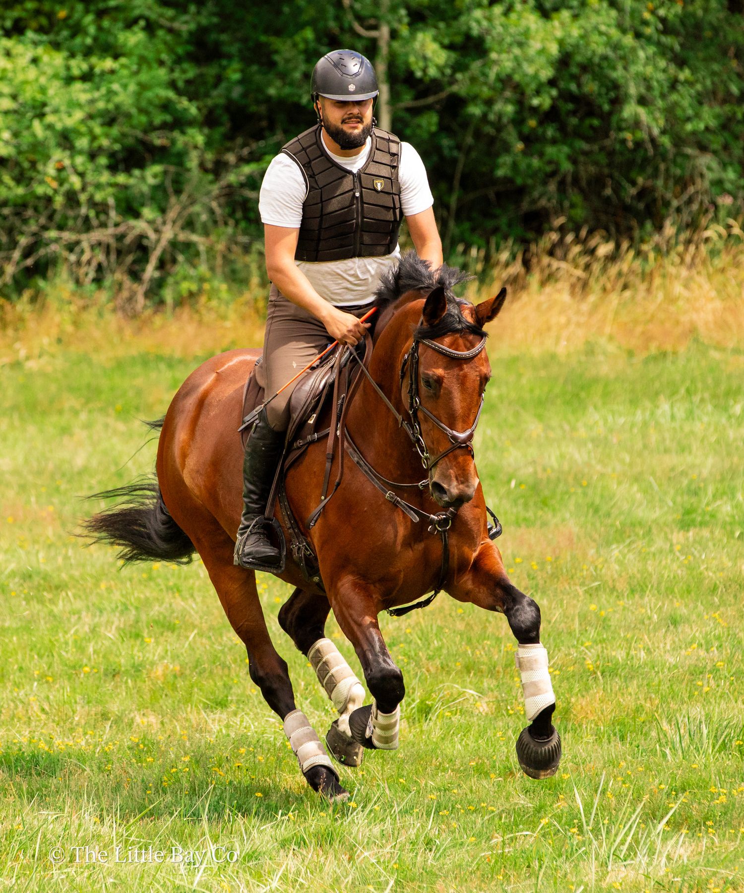 A rider in a helmet and vest gallops a chestnut horse across a green field during an equestrian event.