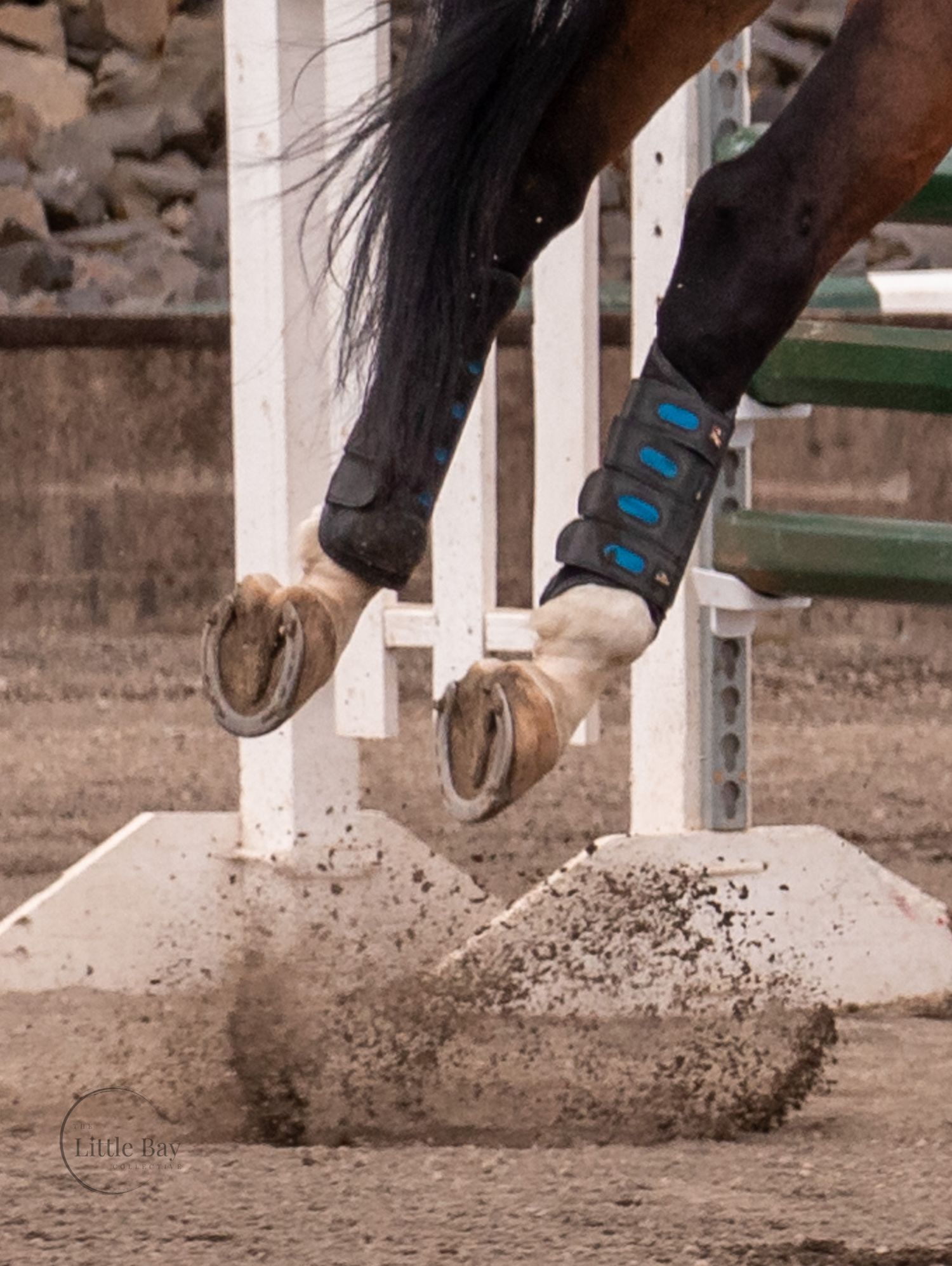 Close-up of a bay horse's hooves landing in sand, wearing blue sport boots during an equestrian jumping event.