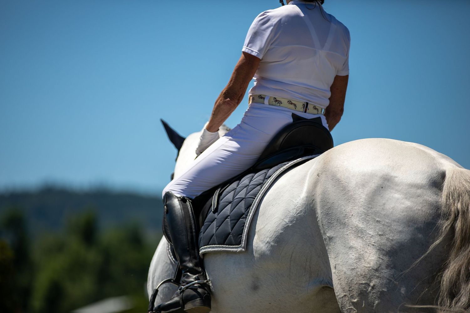 Dressage rider competing on their grey horse at a show.
