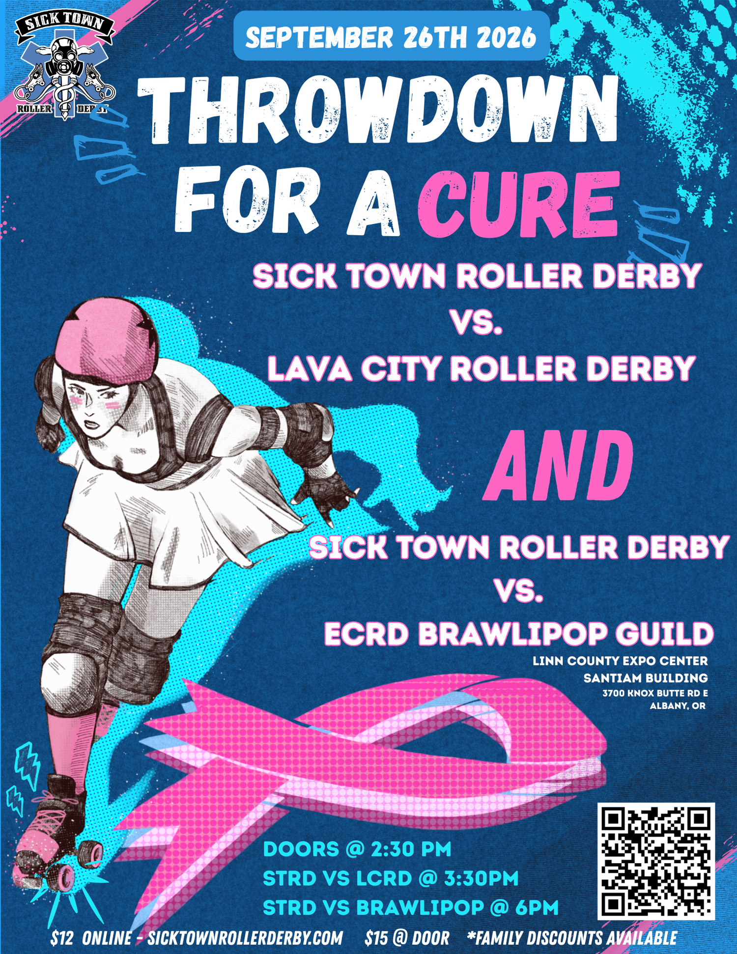 Roller derby Throwdown for a Cure event flyer featuring Sick Town vs Lava City and ECRD Brawlipop Guild on September 26th 2026.